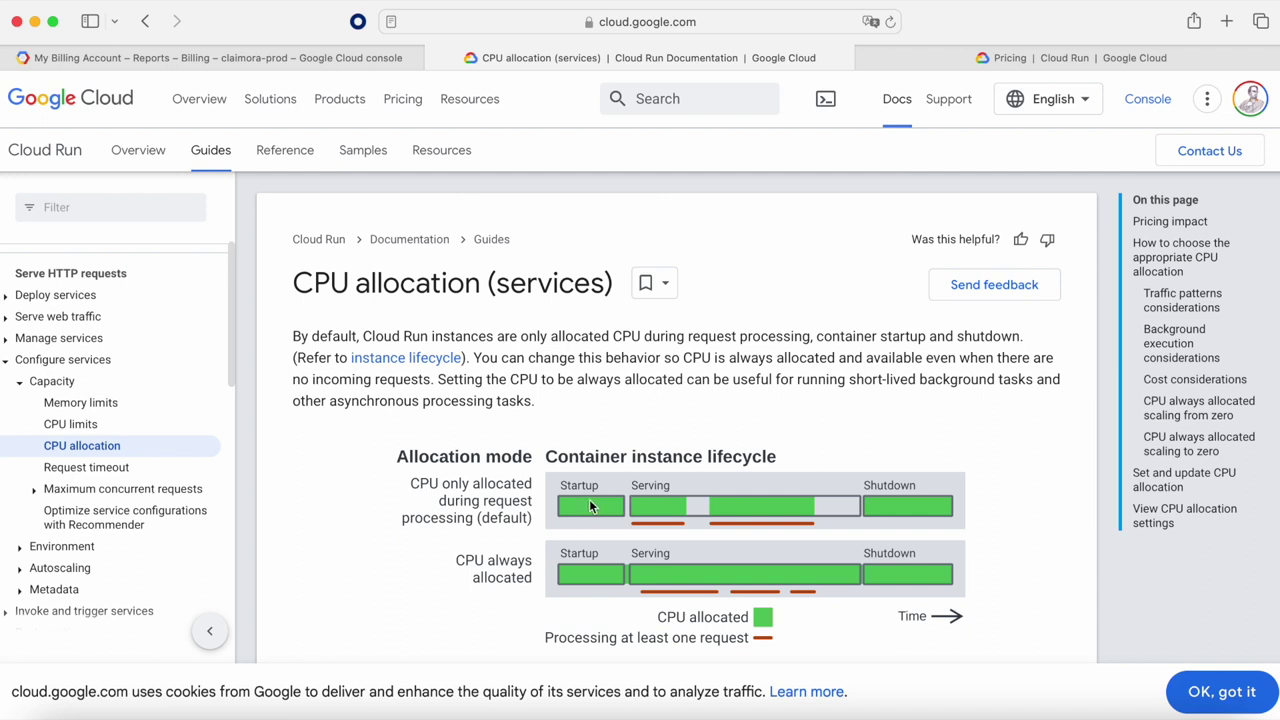 Screenshot of a Google Cloud documentation page about CPU allocation for services, displaying text, diagrams of container instance lifecycles, and a cookie consent banner.