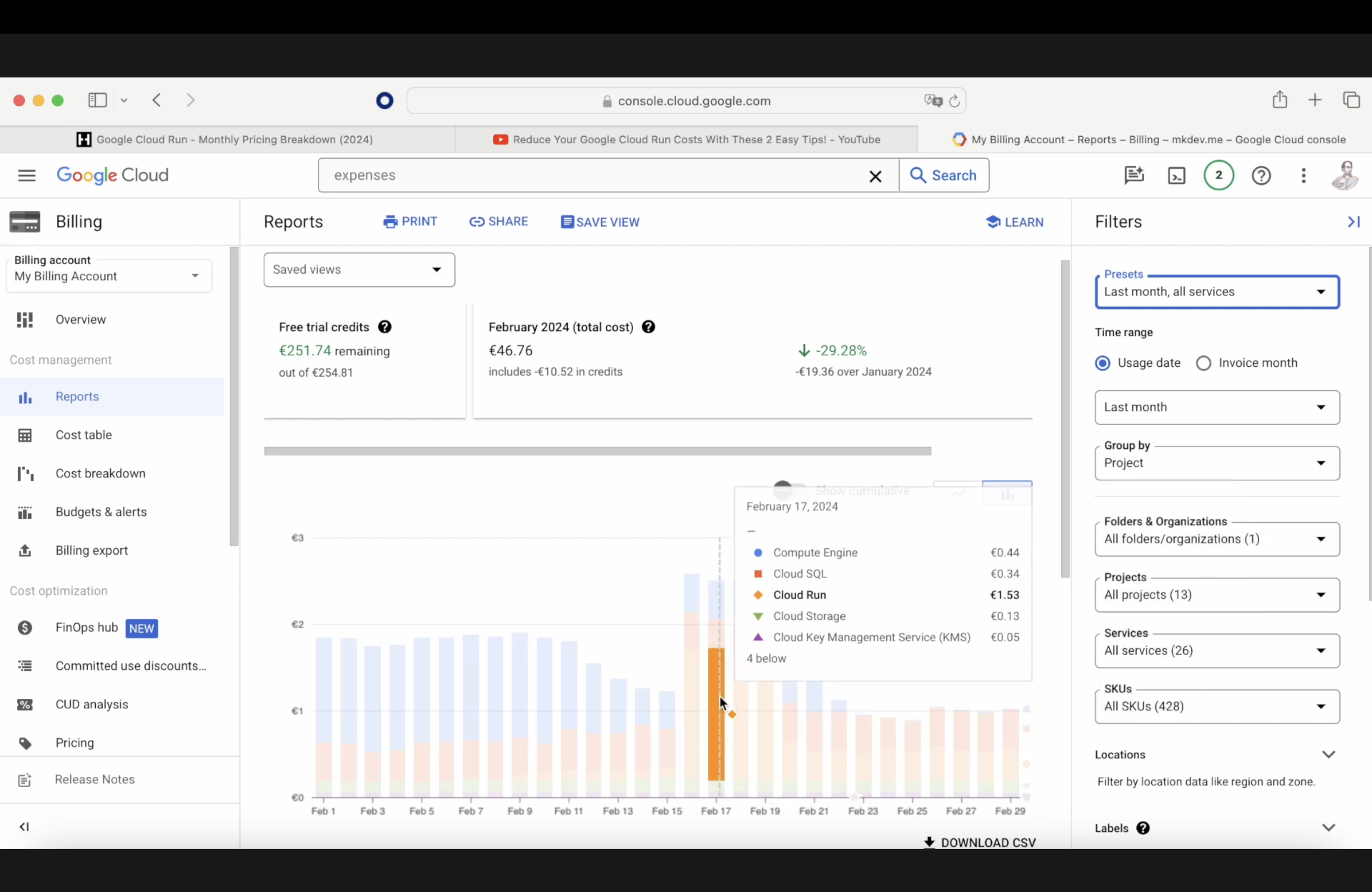 Screenshot of Google Cloud billing interface showing a bar graph of daily expenses, filters, and summary of free trial credits and total cost for February 2024.