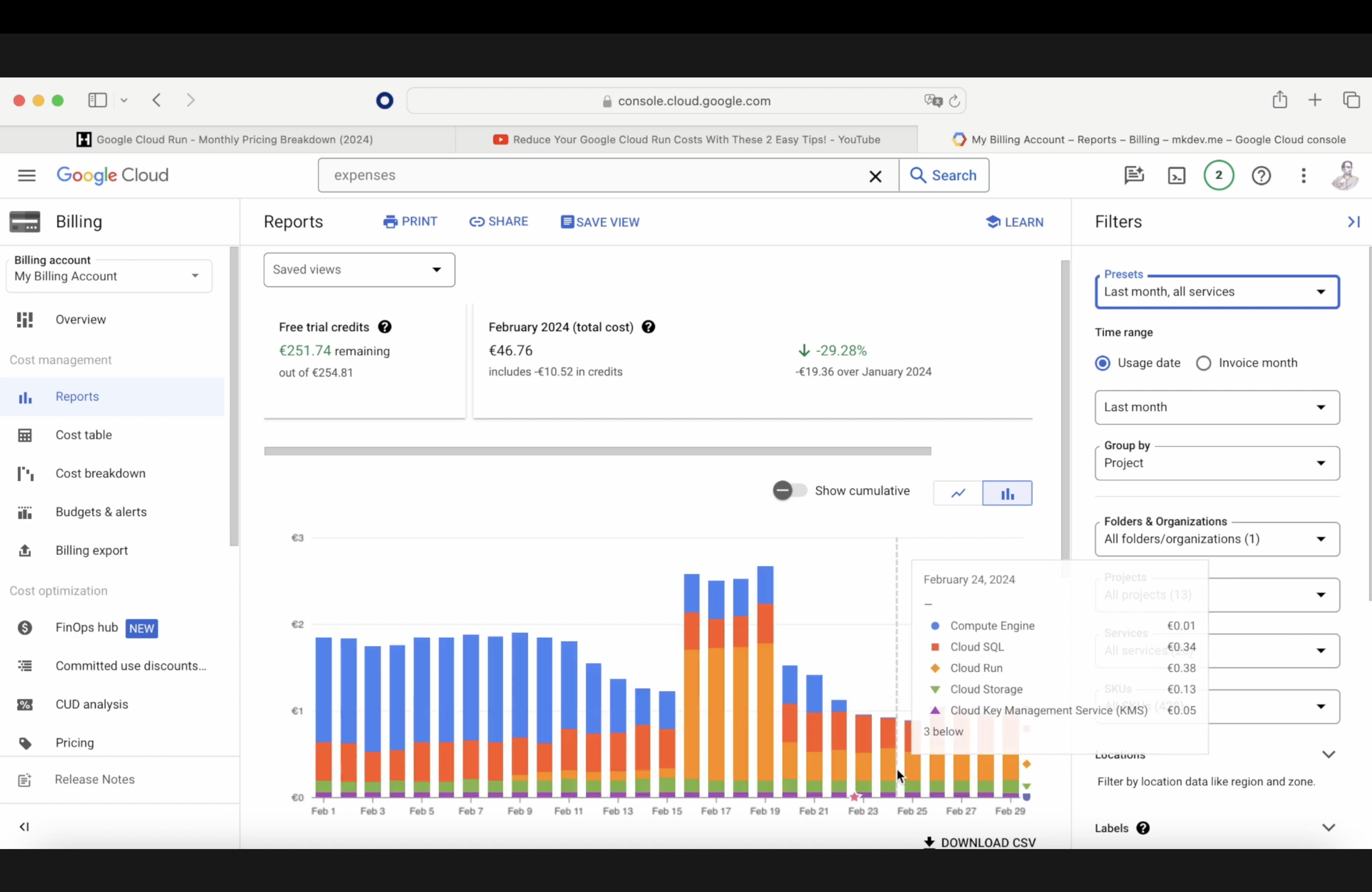 Screenshot of Google Cloud Platform billing interface showing a monthly pricing breakdown with a bar chart, filters, and cost details.