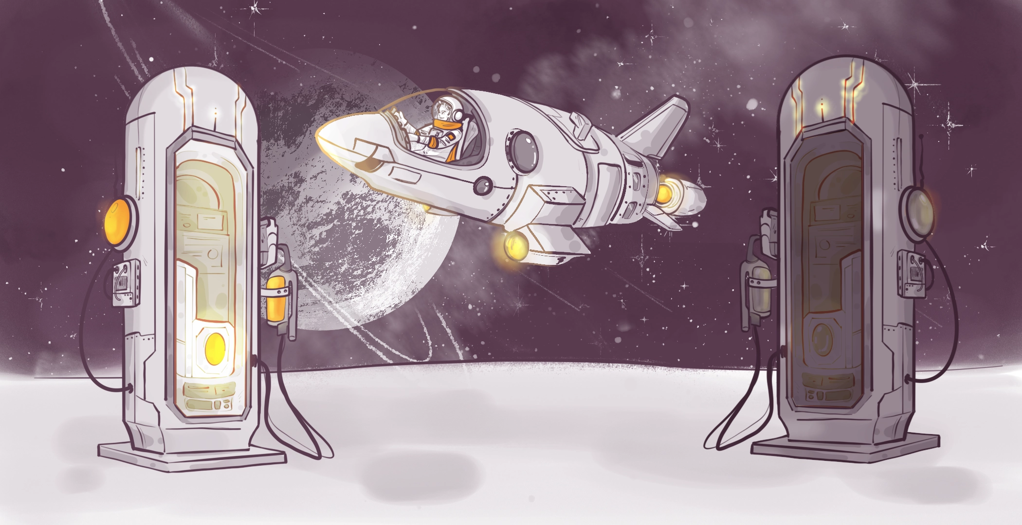 Illustration of a cartoon astronaut piloting a small spaceship between two futuristic fuel pumps against a starry space backdrop with a crescent moon.