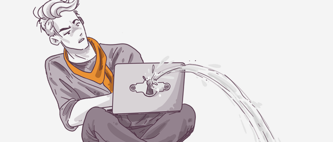 Illustration of a person sitting cross-legged, looking frustrated while water pours out of their laptop screen, suggesting a metaphor for overwhelming data flow or a system malfunction.