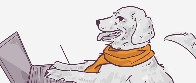 Illustration of a cheerful dog with a scarf around its neck, using a laptop.