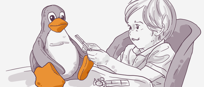 Illustration of a child sitting at a table playing with a toy while a plush penguin toy appears to be watching. There are crayons and an open coloring book on the table.