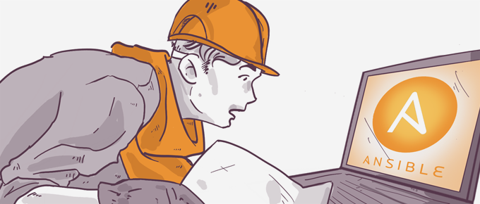 Illustration of a person in an orange cap intently looking at a laptop screen displaying the Ansible logo, with an open book in hand suggesting study or research.