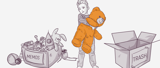 Illustration of a child holding a large teddy bear, looking at a toy-strewn box labeled 'MEMOS' and an open 'TRASH' box, suggesting a decision about keeping or discarding items.