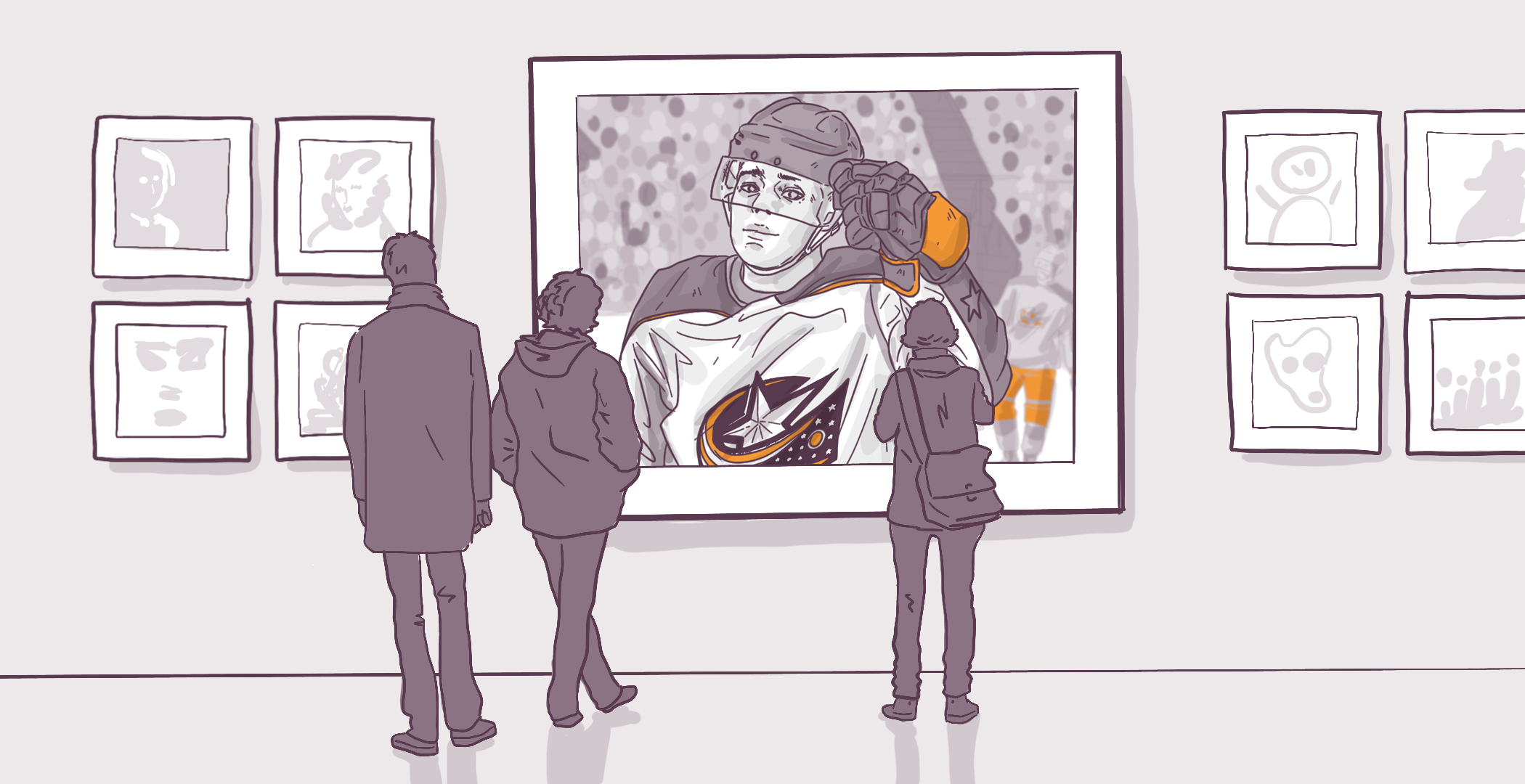 Three people viewing a large framed illustration of a hockey player in a gallery, with additional abstract artworks on surrounding walls.