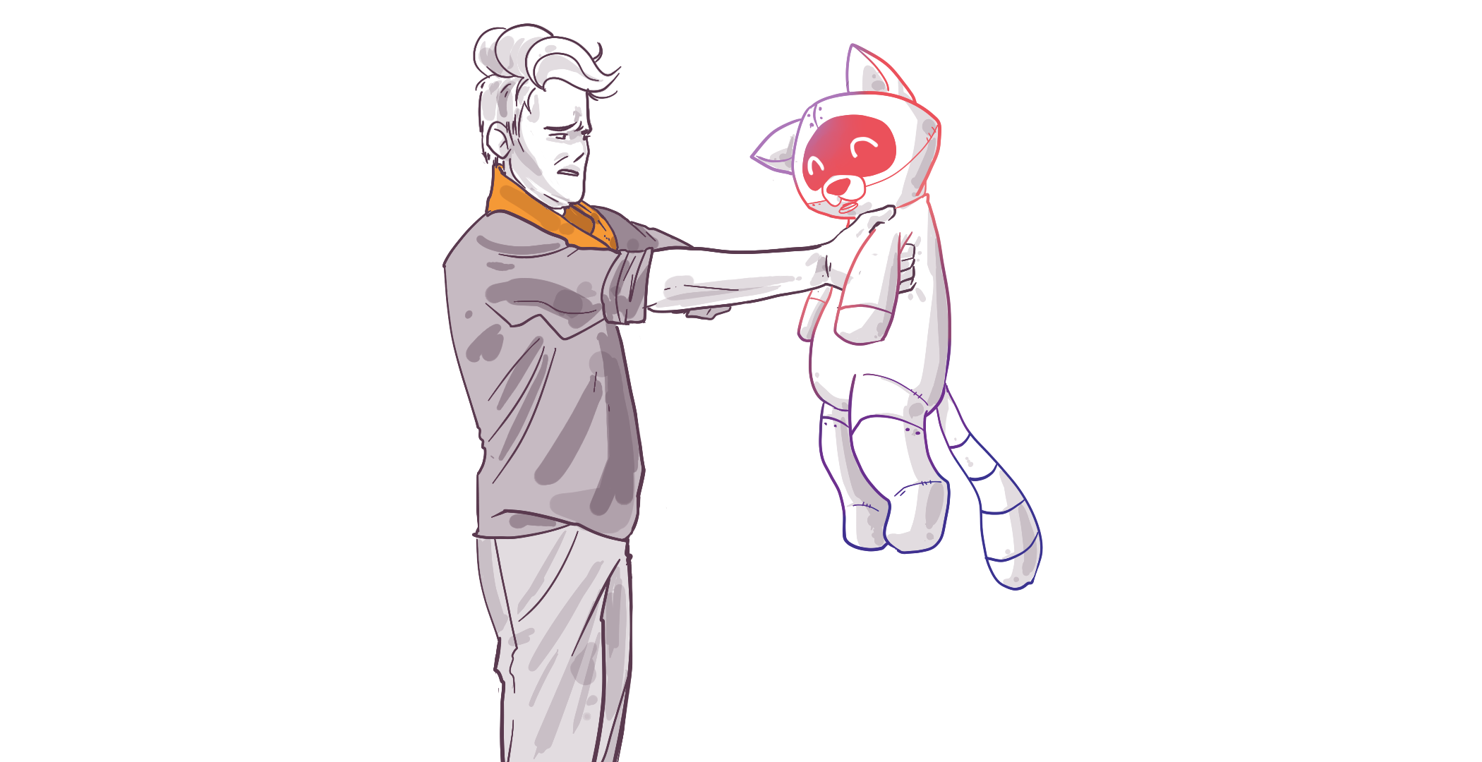 A sketch of an animated character with a stern expression holding out a hand to stop a surprised looking cartoon fox wearing a superhero mask and cape.