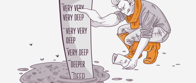 Illustration of a person next to a deep hole with signs indicating various depths, looking perplexed at a treasure map.
