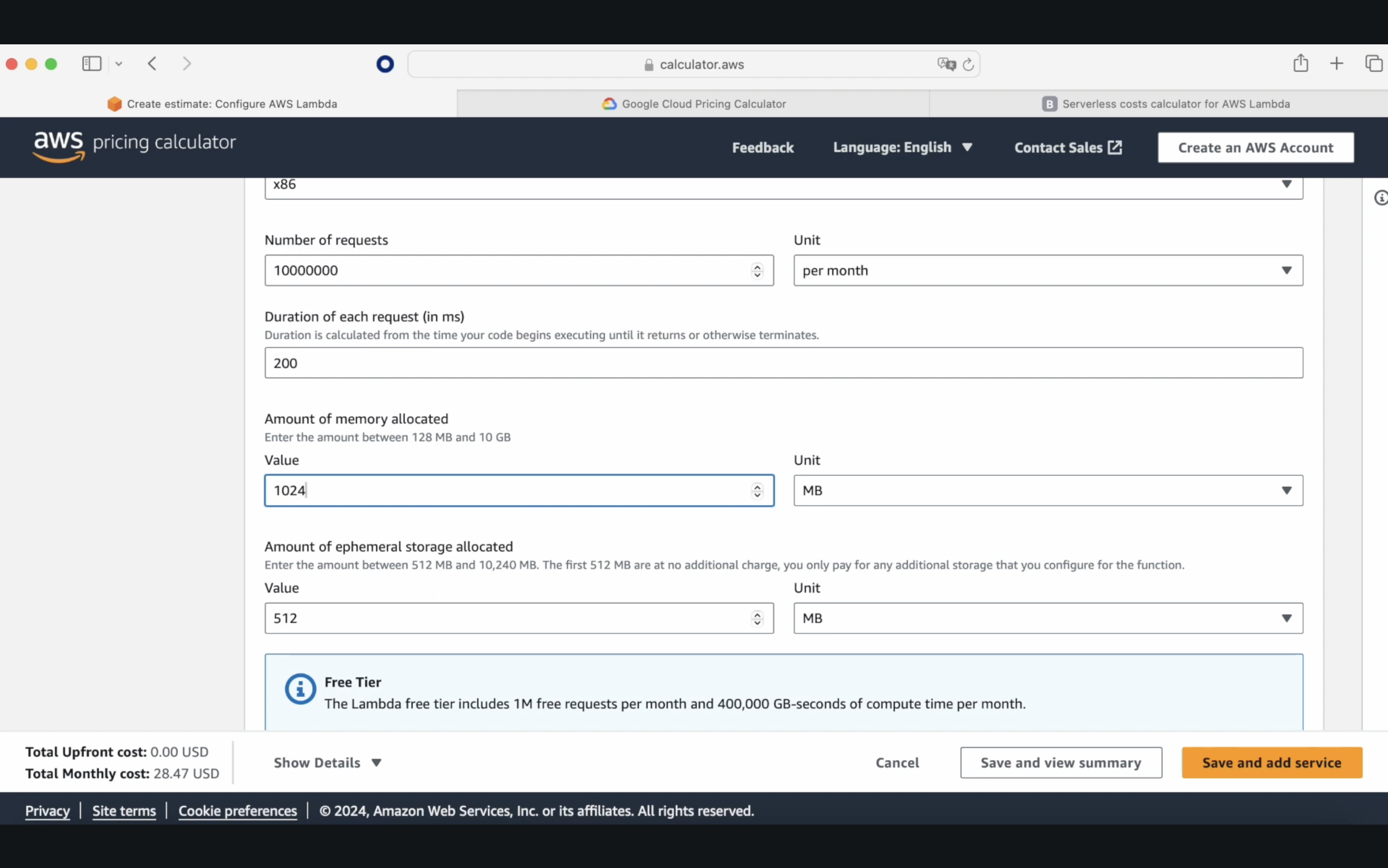 Screenshot of the AWS Pricing Calculator webpage with an AWS Lambda configuration estimating a total monthly cost of $28.47 USD.