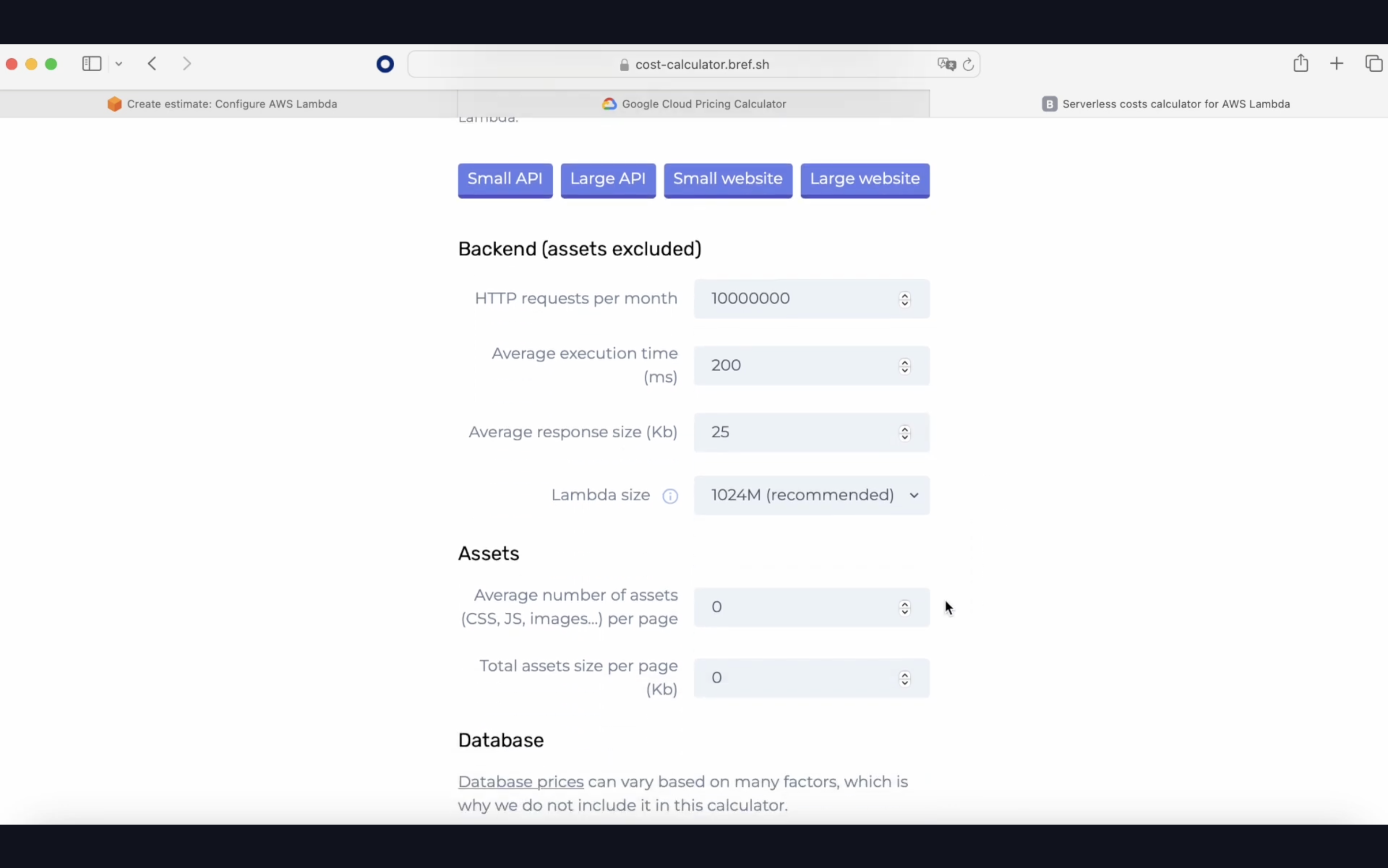 Screenshot of a serverless cost calculator web page for AWS Lambda with fields for HTTP requests, execution time, response size, and assets.