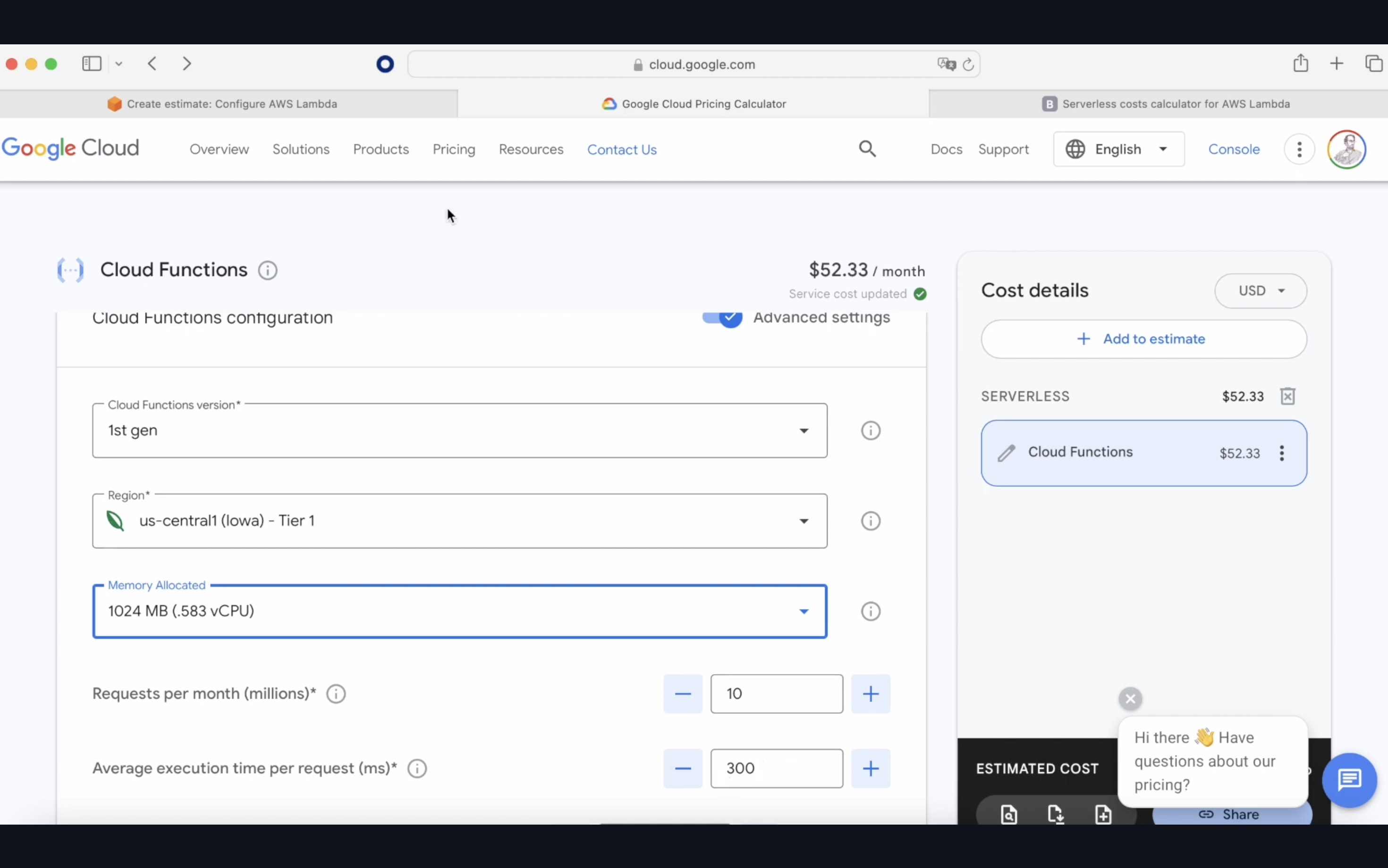 Screenshot of Google Cloud Pricing Calculator with Cloud Functions configuration open, showing options for function version, region, and memory allocated, with a monthly cost estimate of $52.33 displayed.