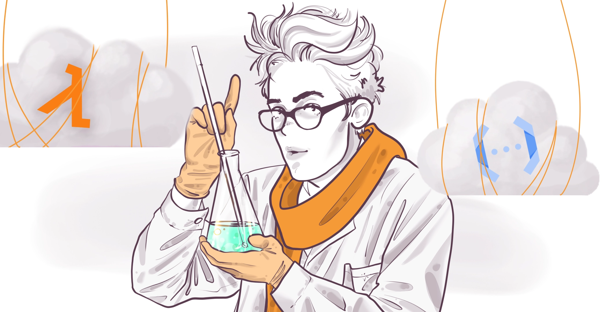 Illustration of a stylized scientist with glasses and wild hair holding a test tube, with abstract orange and blue shapes in the background.