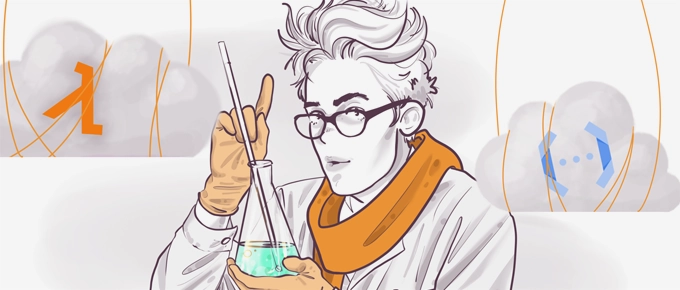 Illustration of a stylized scientist with glasses and white hair conducting an experiment with a beaker and a pipette, against a background featuring abstract scientific icons.