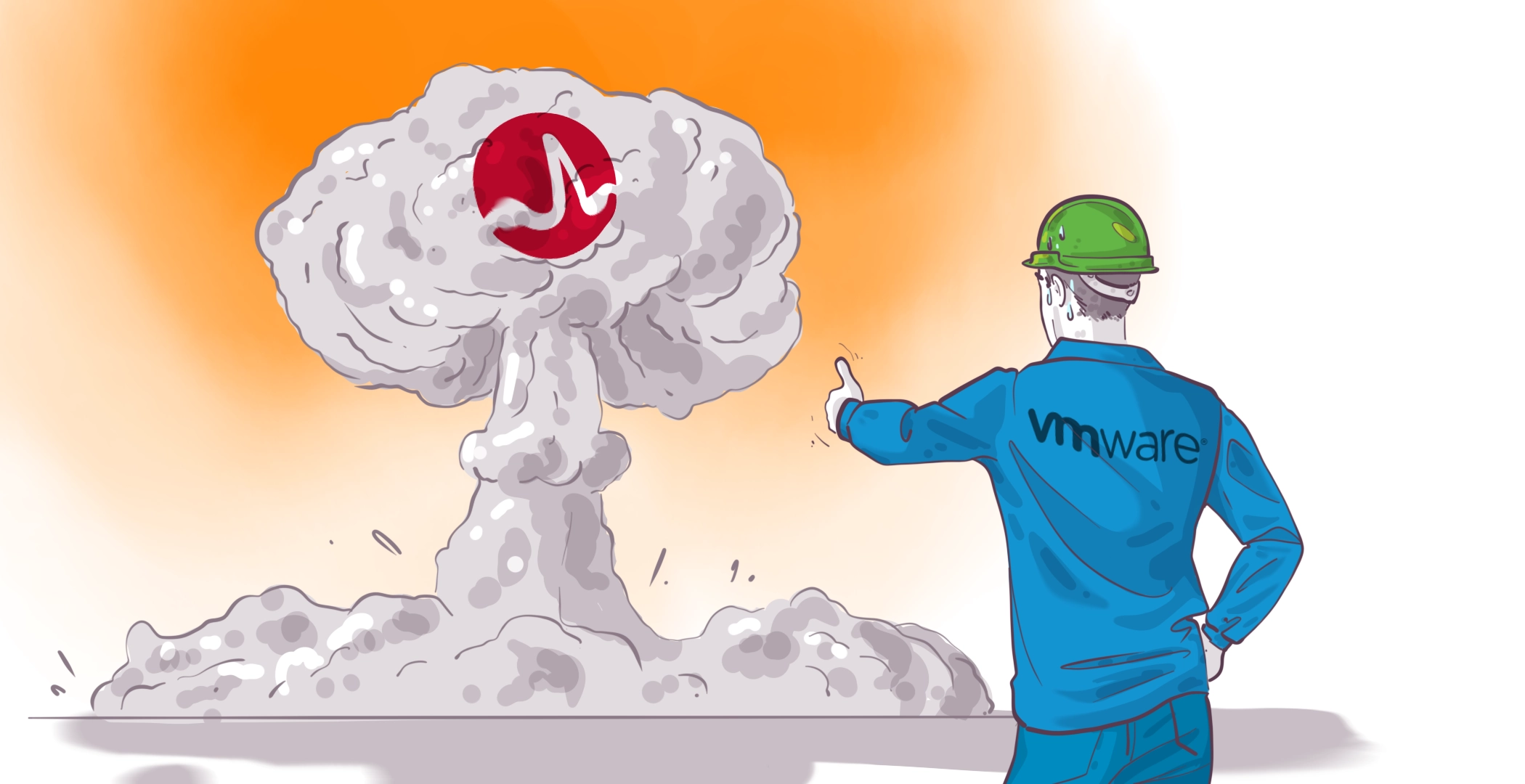 Alt: Illustration of a person in a helmet and VMware shirt watching a large mushroom cloud with a red circular logo in the center. The person is giving a thumbs-up.