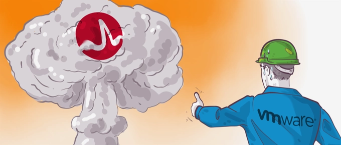 Illustration of a person in a green helmet and blue jacket with "vmware" text on it, pointing towards a stylized mushroom cloud with a red swirl logo at the center, suggesting a software or technological explosion or failure.