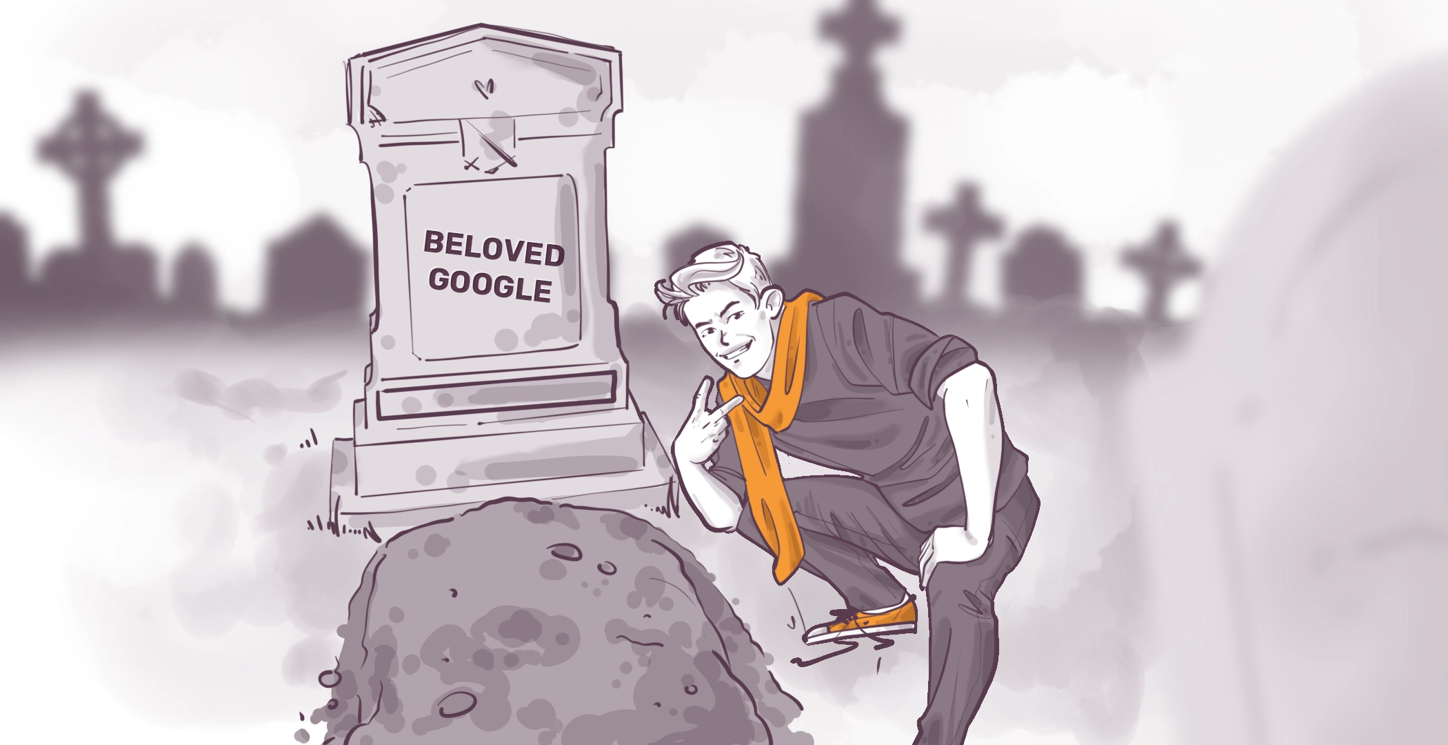 Illustration of a smiling person posing with a peace sign next to a tombstone labeled 'BELOVED GOOGLE,' in a grayscale cemetery setting.