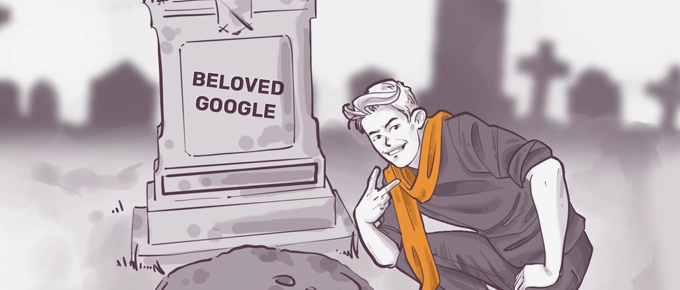 Illustration of a smiling character wearing goggles and a scarf, posing with a peace sign beside a tombstone that reads "BELOVED GOOGLE," in a cemetery setting.