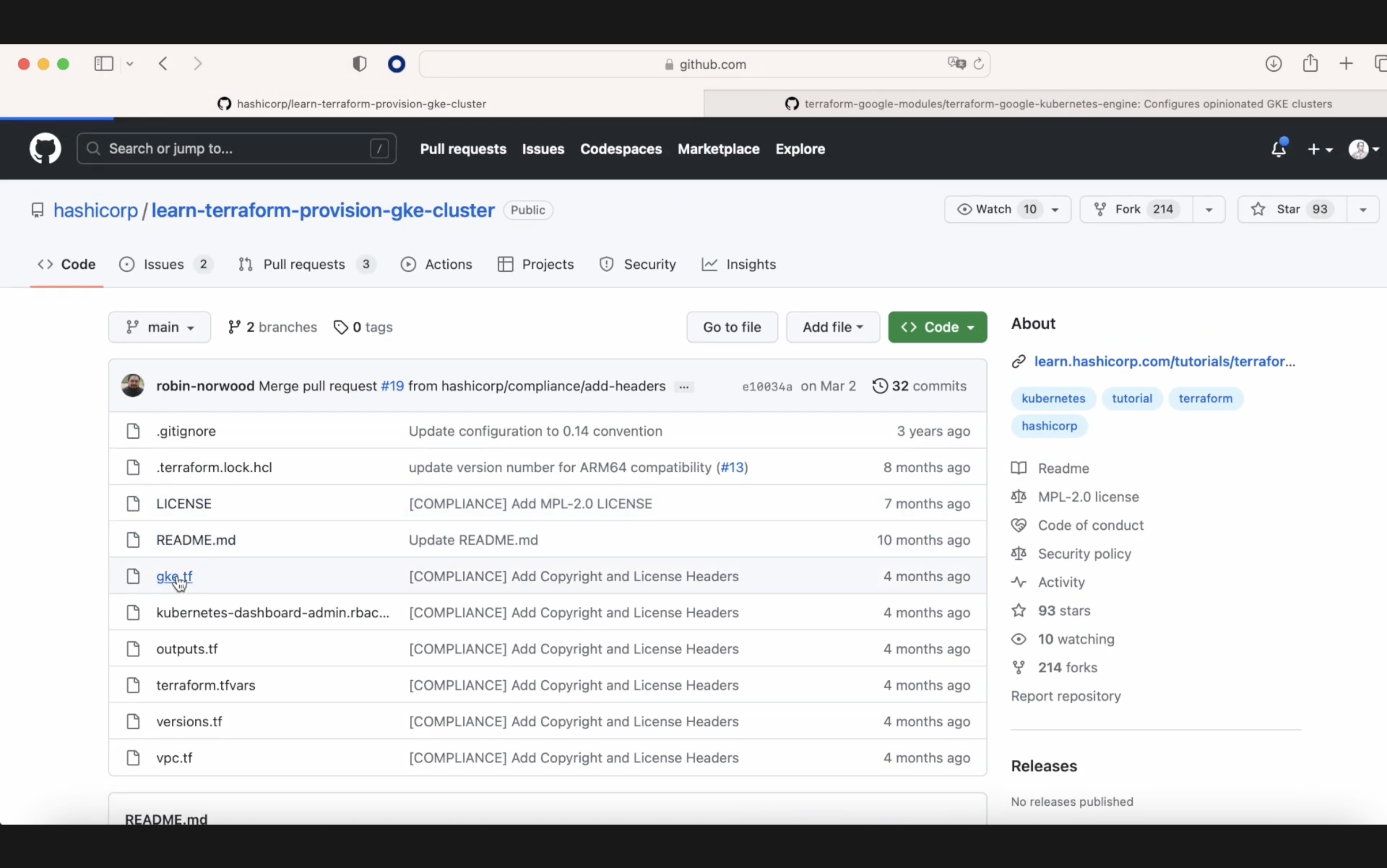 Screenshot of a GitHub repository "hashicorp/learn-terraform-provision-gke-cluster" showing code, issues, pull requests and details like the about section and the list of files.