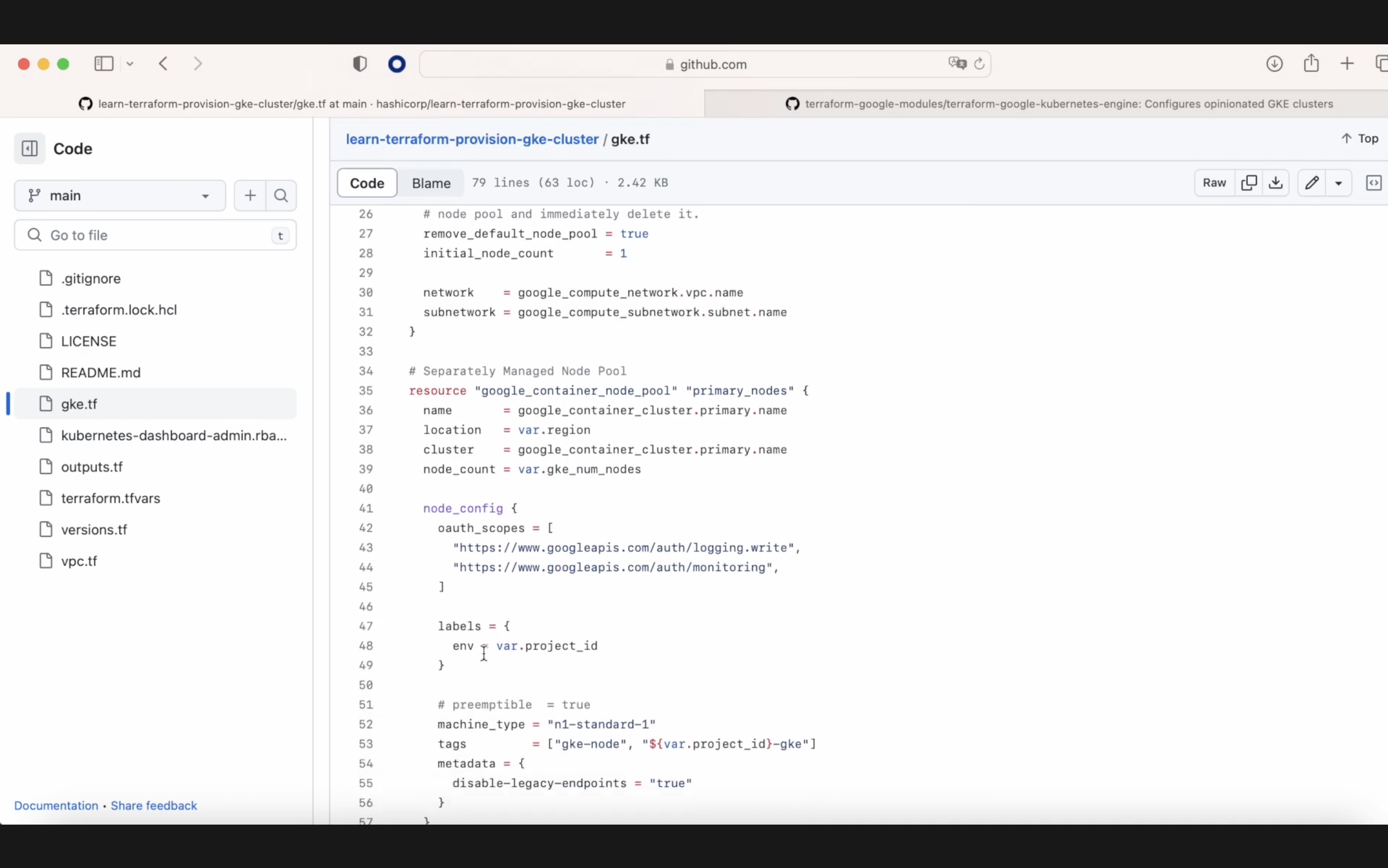 Screenshot of a GitHub repository displaying Terraform code for provisioning a Google Kubernetes Engine (GKE) cluster from the file 'gke.tf'.