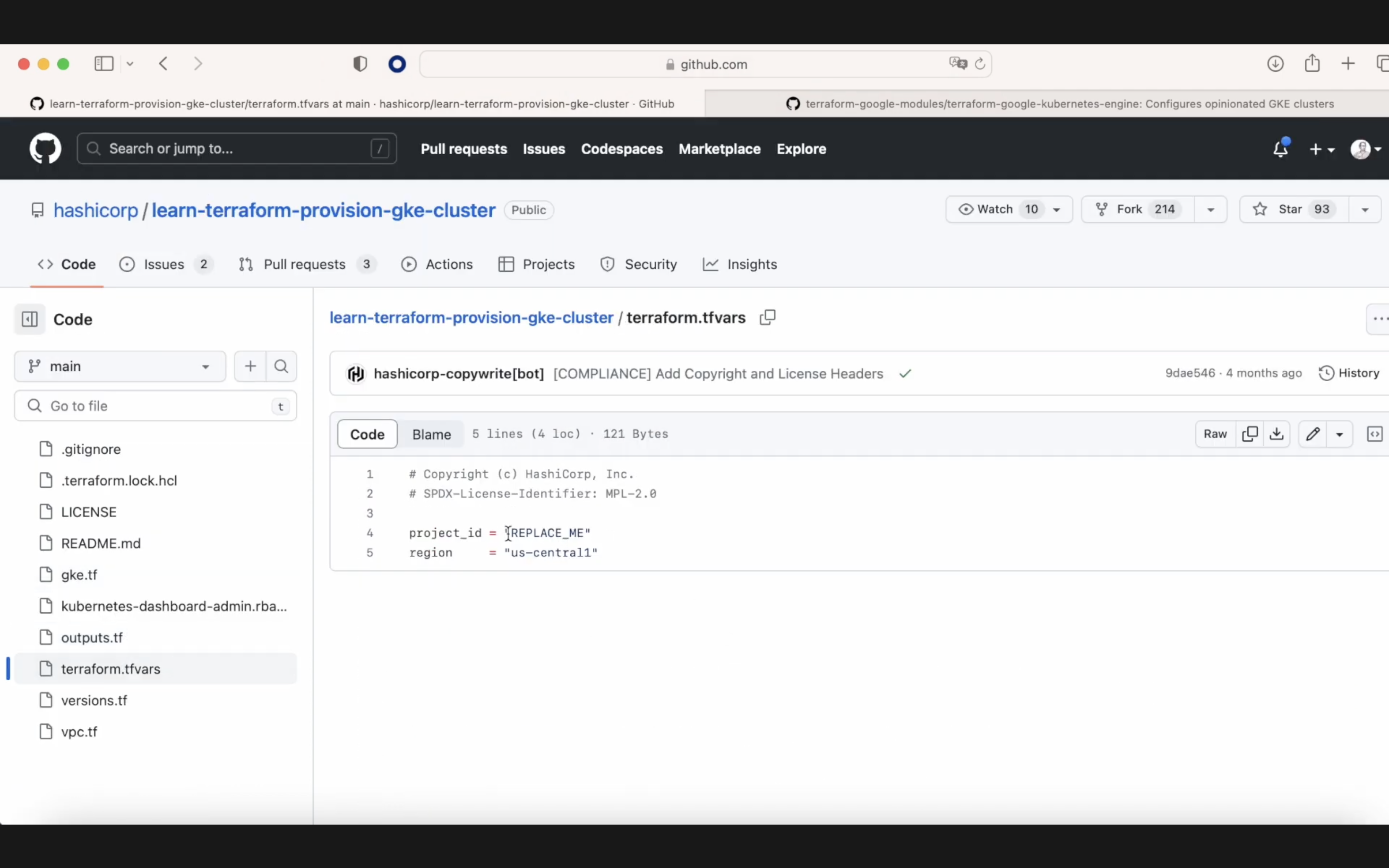 Screenshot of a GitHub repository page showing a Terraform configuration file 'terraform.tfvars' from the 'learn-terraform-provision-gke-cluster' project.