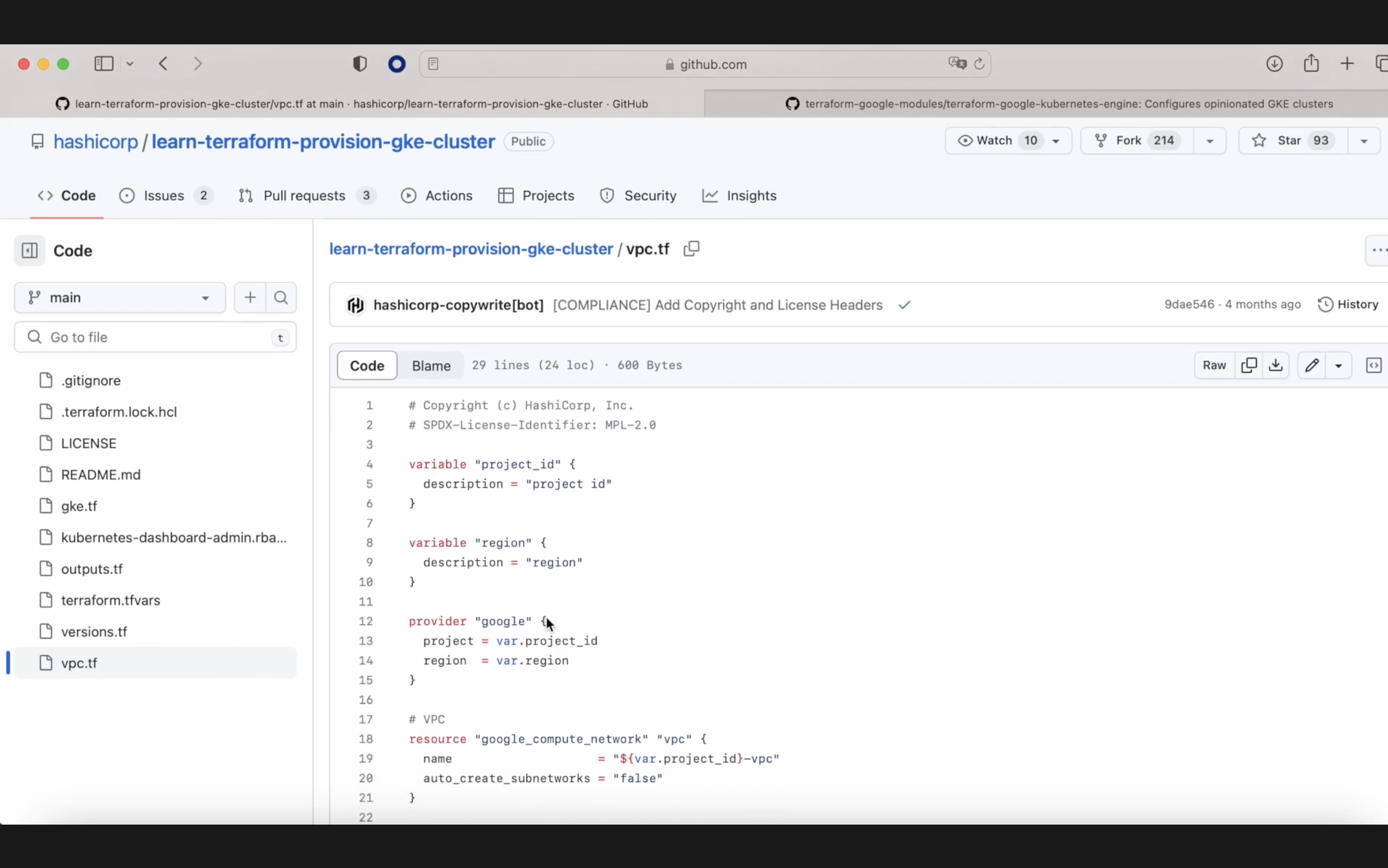 Screenshot of a GitHub repository page showing code for provisioning a Google Kubernetes Engine cluster with Terraform, including Terraform configuration files and code.