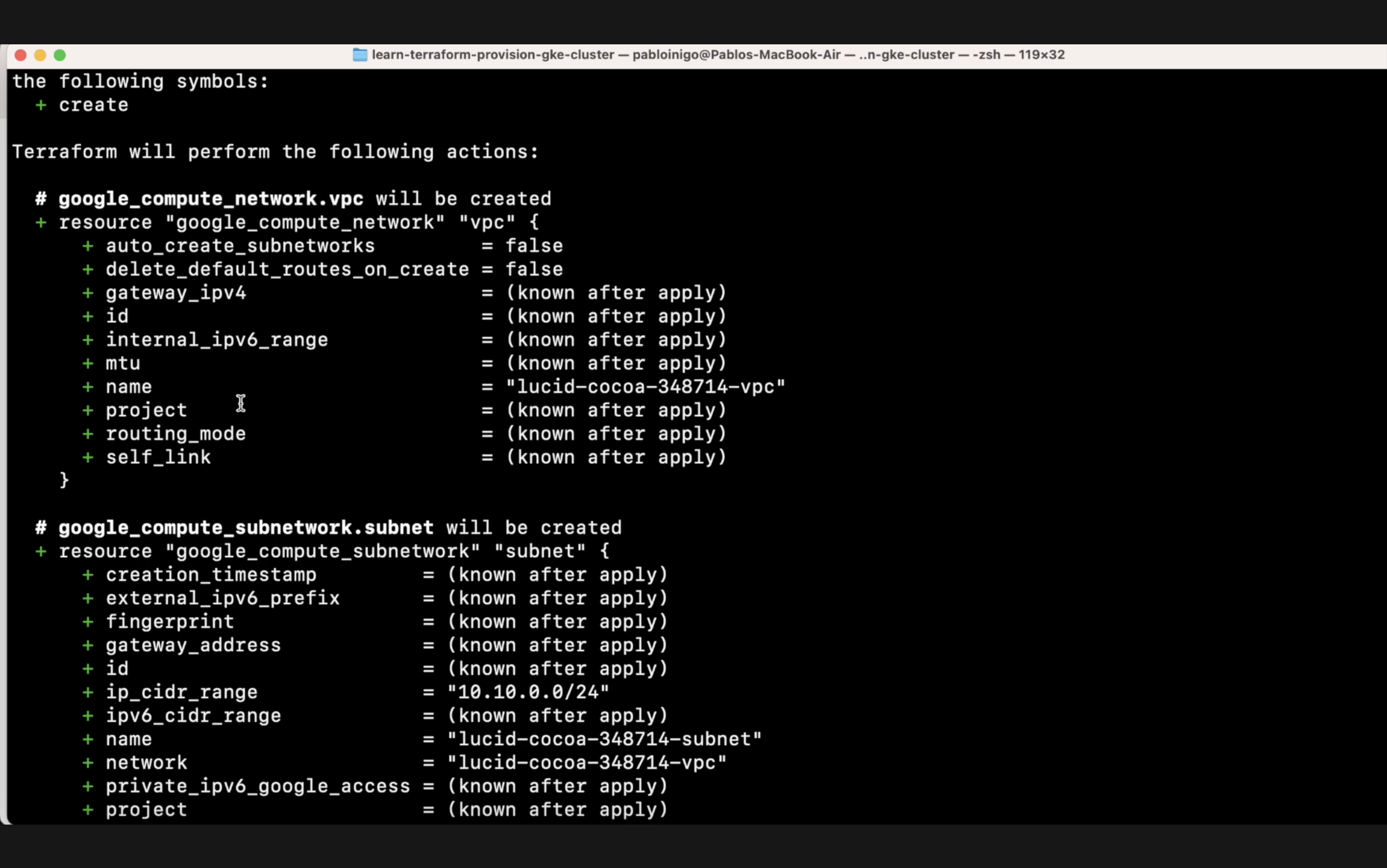 A screenshot of a computer terminal with code output from running a Terraform plan, showing resources to be created for Google Cloud infrastructure, including a VPC and a subnet configuration.