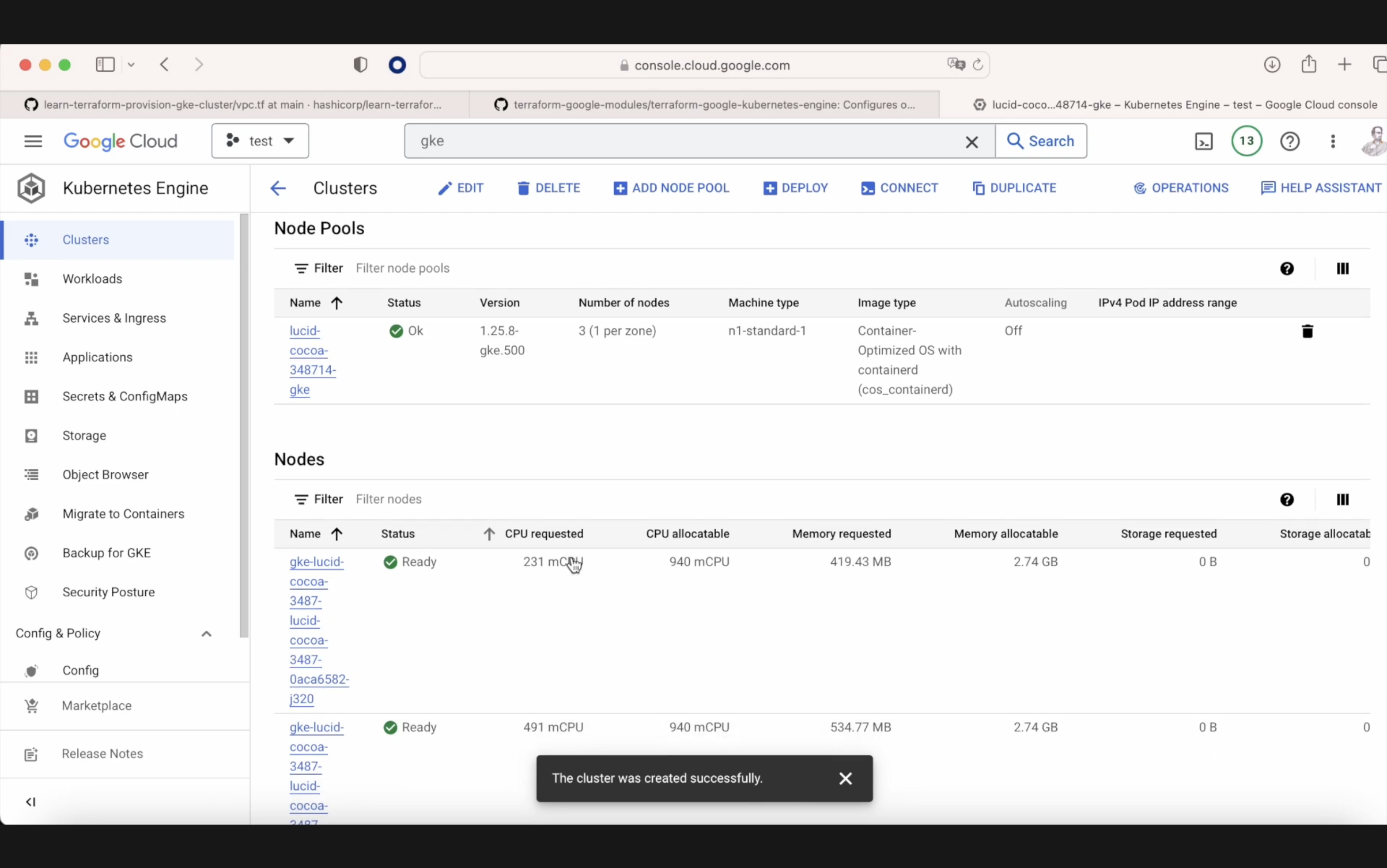 Screenshot of Google Cloud Platform interface showing Kubernetes Engine clusters with details on node pools and nodes, including statuses, versions, resources requested, and a notification that the cluster was created successfully.