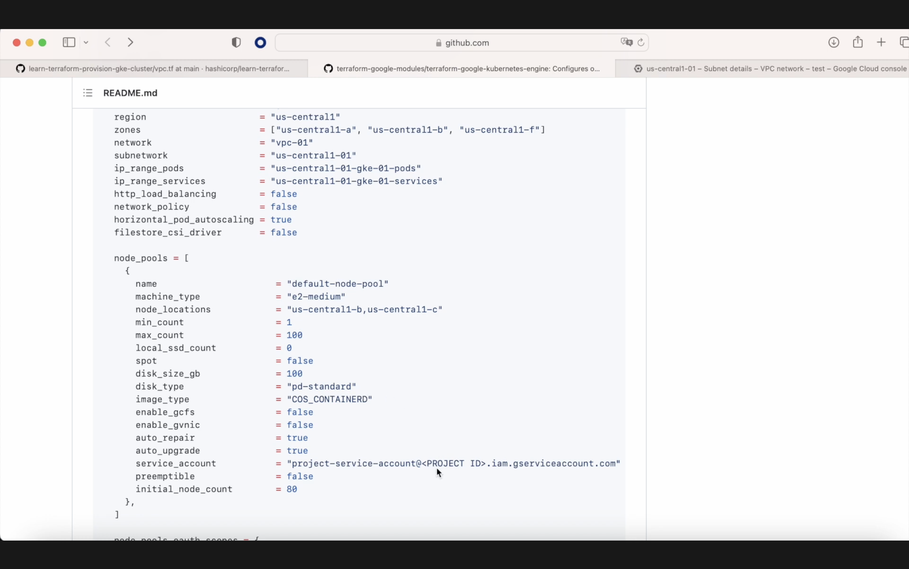 Screenshot of a README.md file on GitHub showing Terraform code with configurations for a Kubernetes Engine cluster, including regions, zones, and node pool settings.