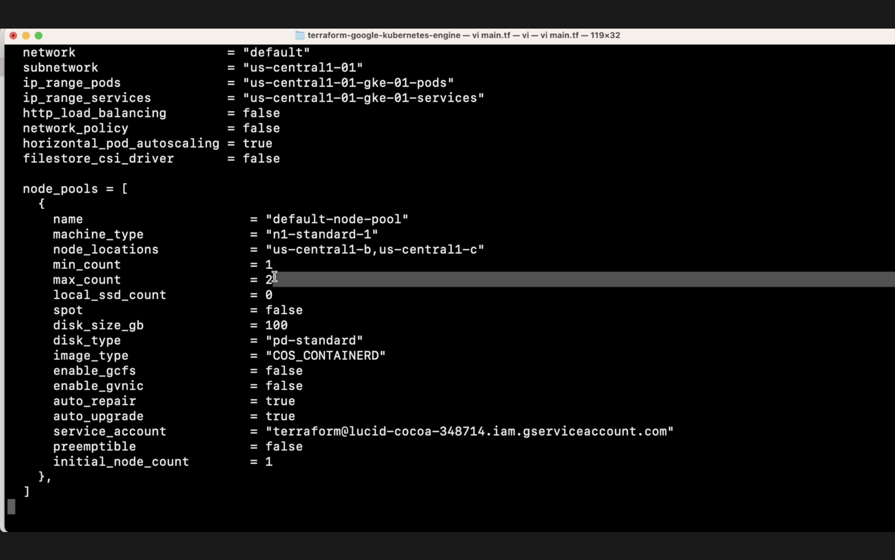 Screenshot of a Terraform configuration file for Google Kubernetes Engine within a code editor, showing parameters like node pools, machine types, and disk sizes.