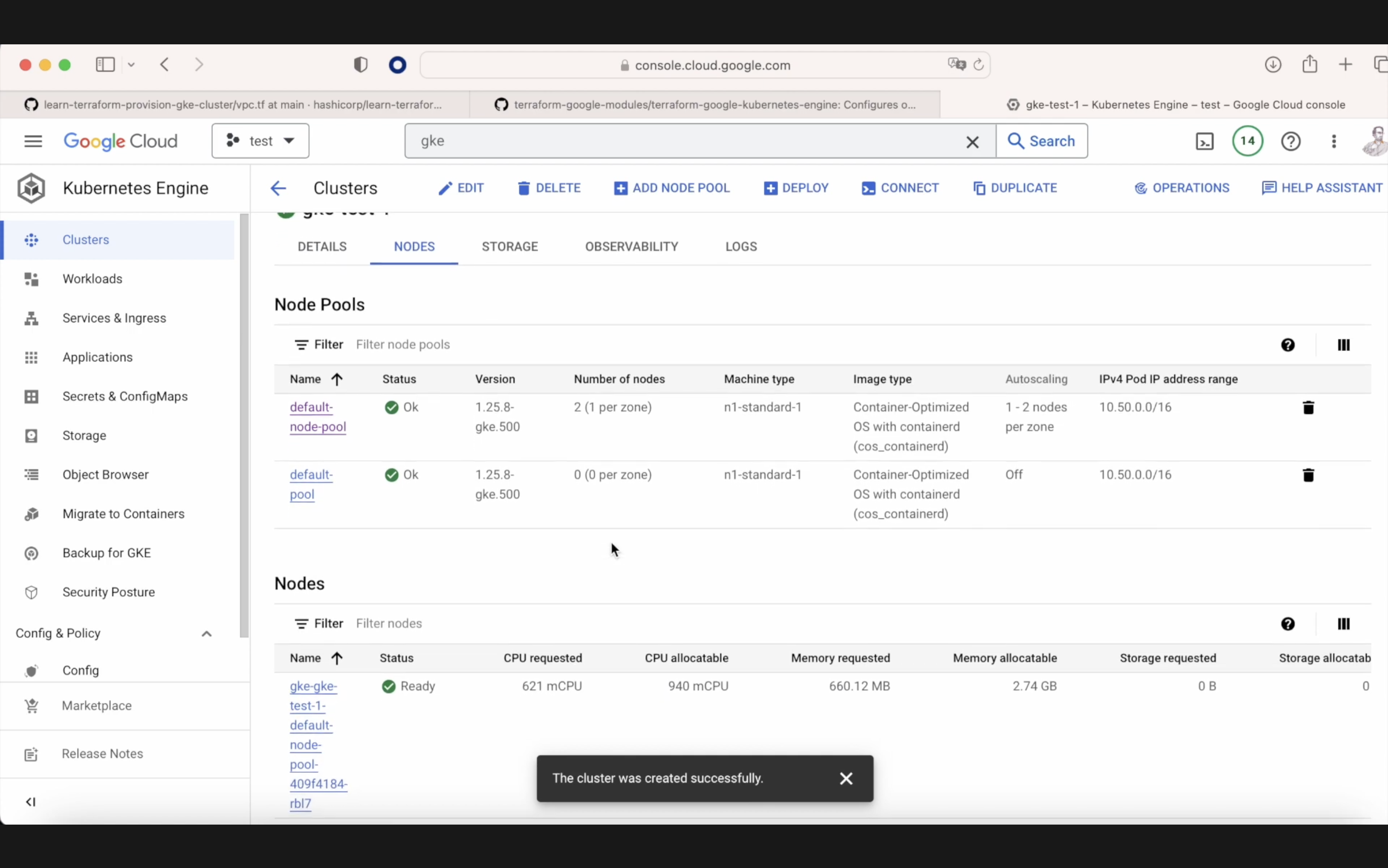 Screenshot of Google Cloud Console displaying details for Kubernetes Engine clusters, node pools, and nodes with a notification stating "The cluster was created successfully."