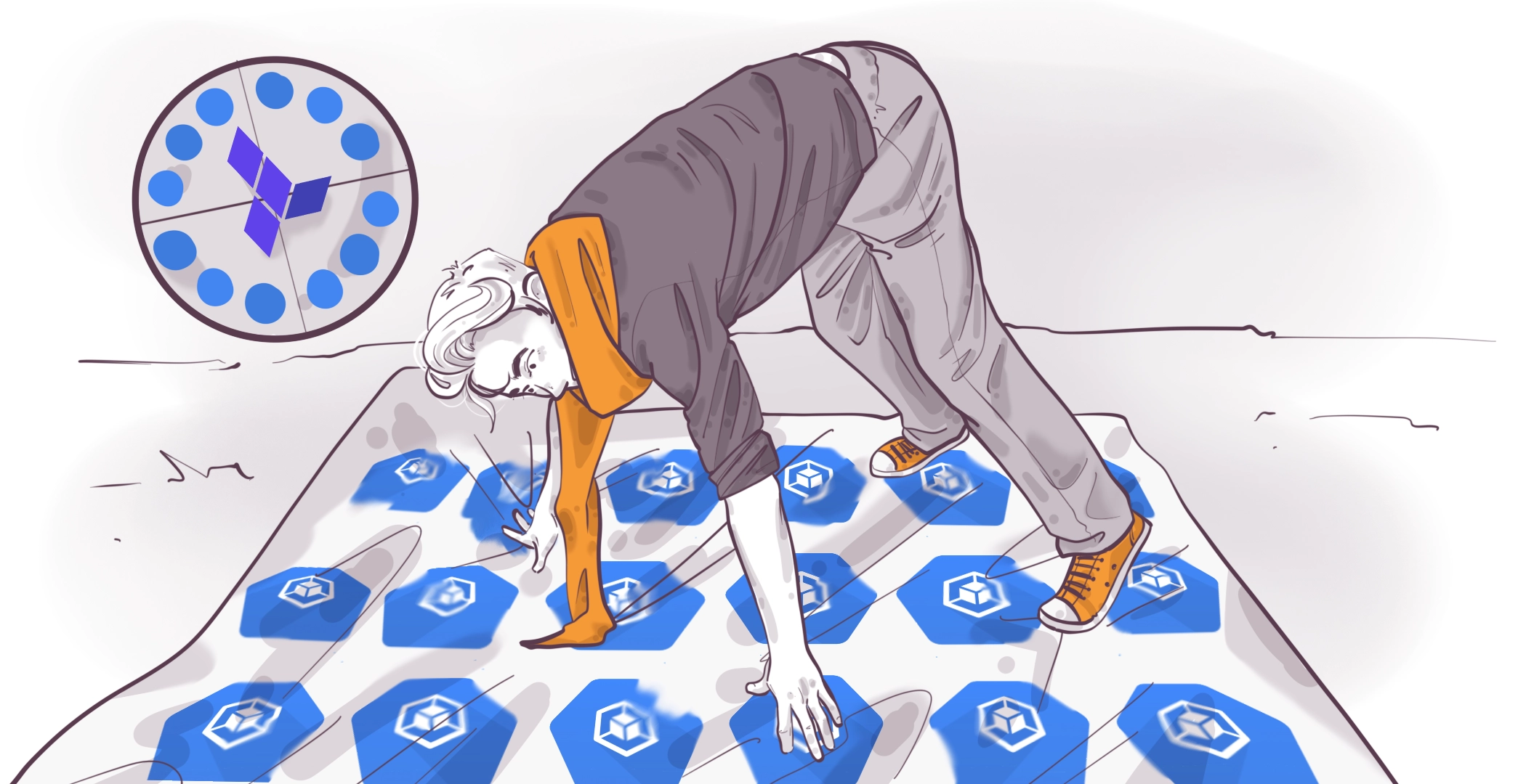 Illustration of a person playing Twister, with their left hand on a red circle and twisted into an awkward position on the game mat.