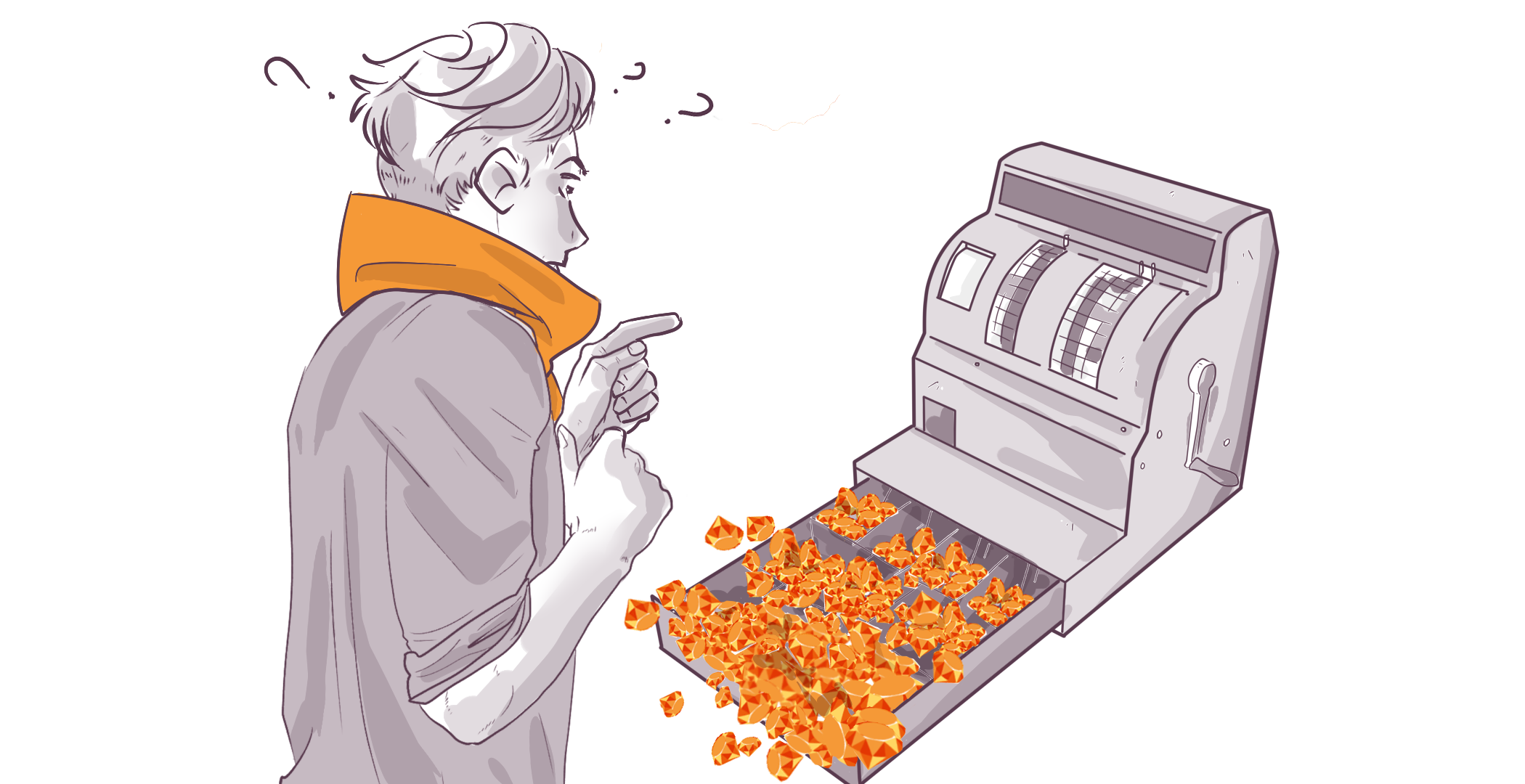 Illustration of a confused person looking at a broken cash machine spewing out orange scraps of paper instead of money.