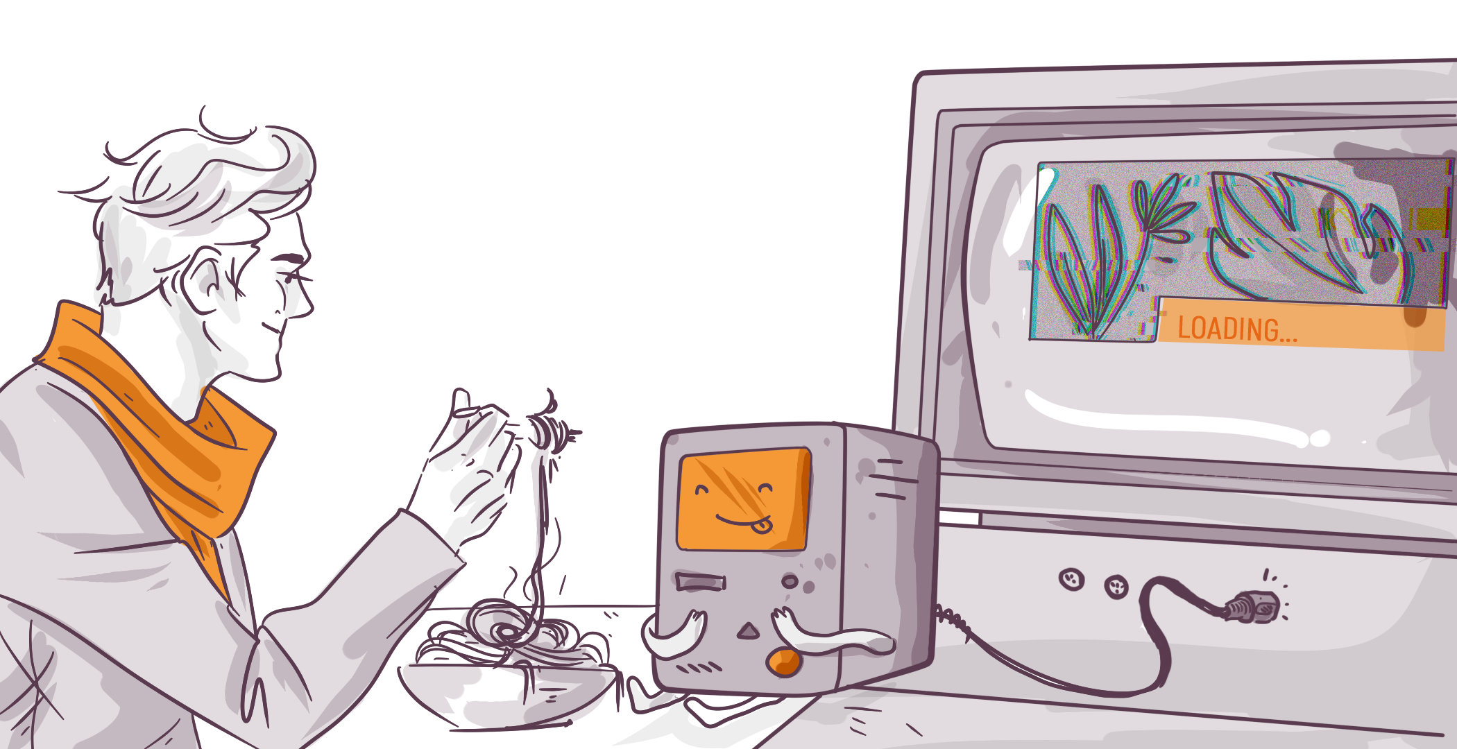 Illustration of a person eating noodles while watching a loading screen on an old-fashioned computer with a smiling face.