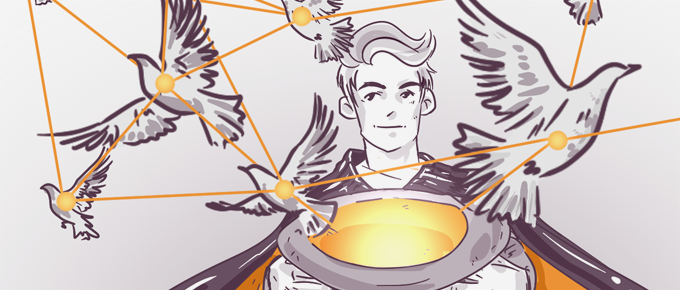 Illustration of a person with stylized wings connected by orange lines, holding a glowing bowl, with birds flying around.