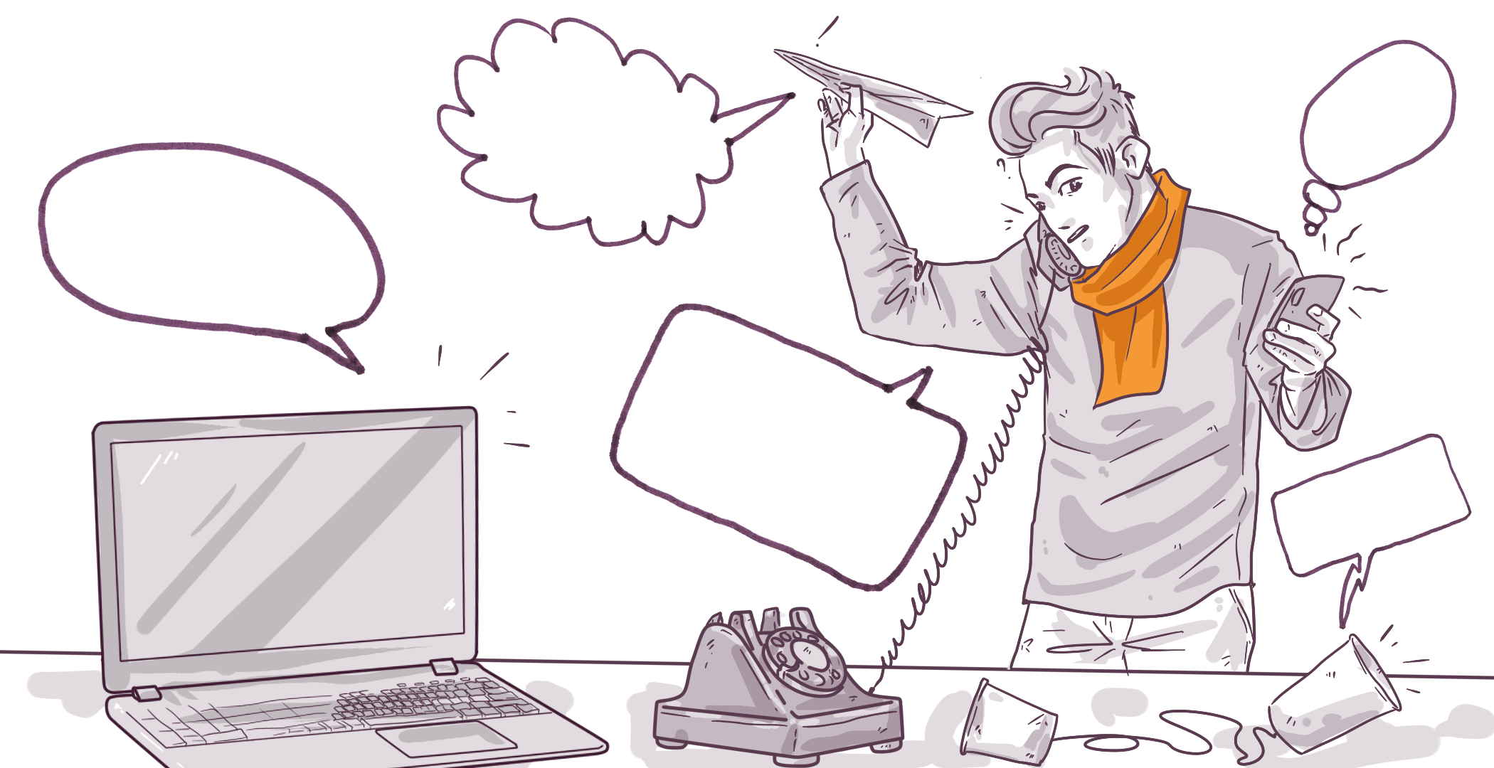 Illustration of a person with a paper airplane, surrounded by various communication devices and empty speech bubbles suggesting a theme of communication or messaging.