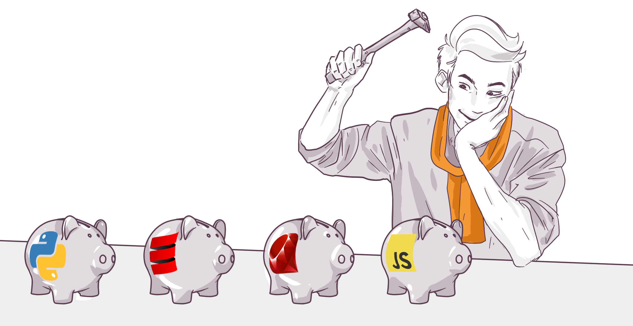 Illustration of a smiling person about to break a piggy bank labeled with the JavaScript logo using a hammer, with other piggy banks featuring various tech logos.