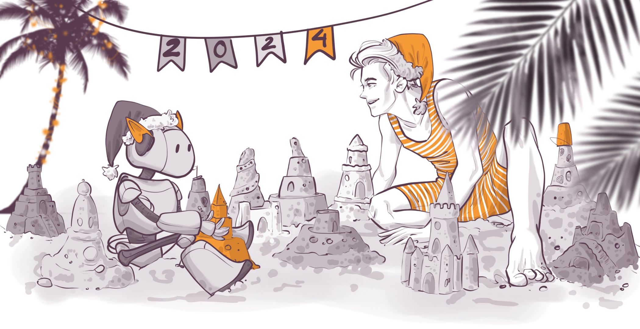 Illustration of a robot and person in orange hats and striped clothes, building sandcastles on a beach with a "2024" banner overhead. A palm tree and sandcastle details are in the background.