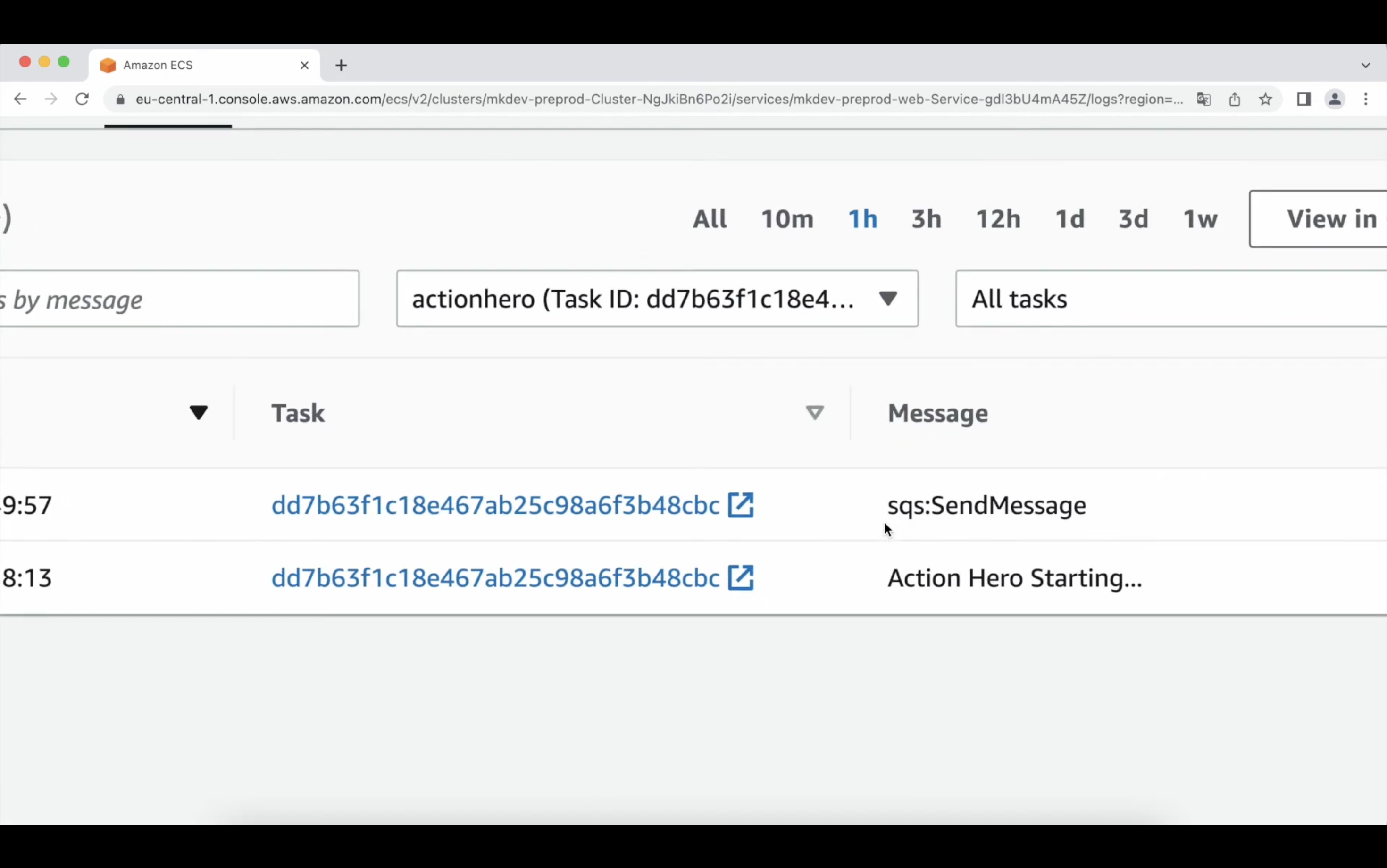 Screenshot of a computer screen showing Amazon ECS (Elastic Container Service) console with task logs and timestamps, including task ID and messages related to 'sqs:SendMessage' and 'Action Hero Starting'.