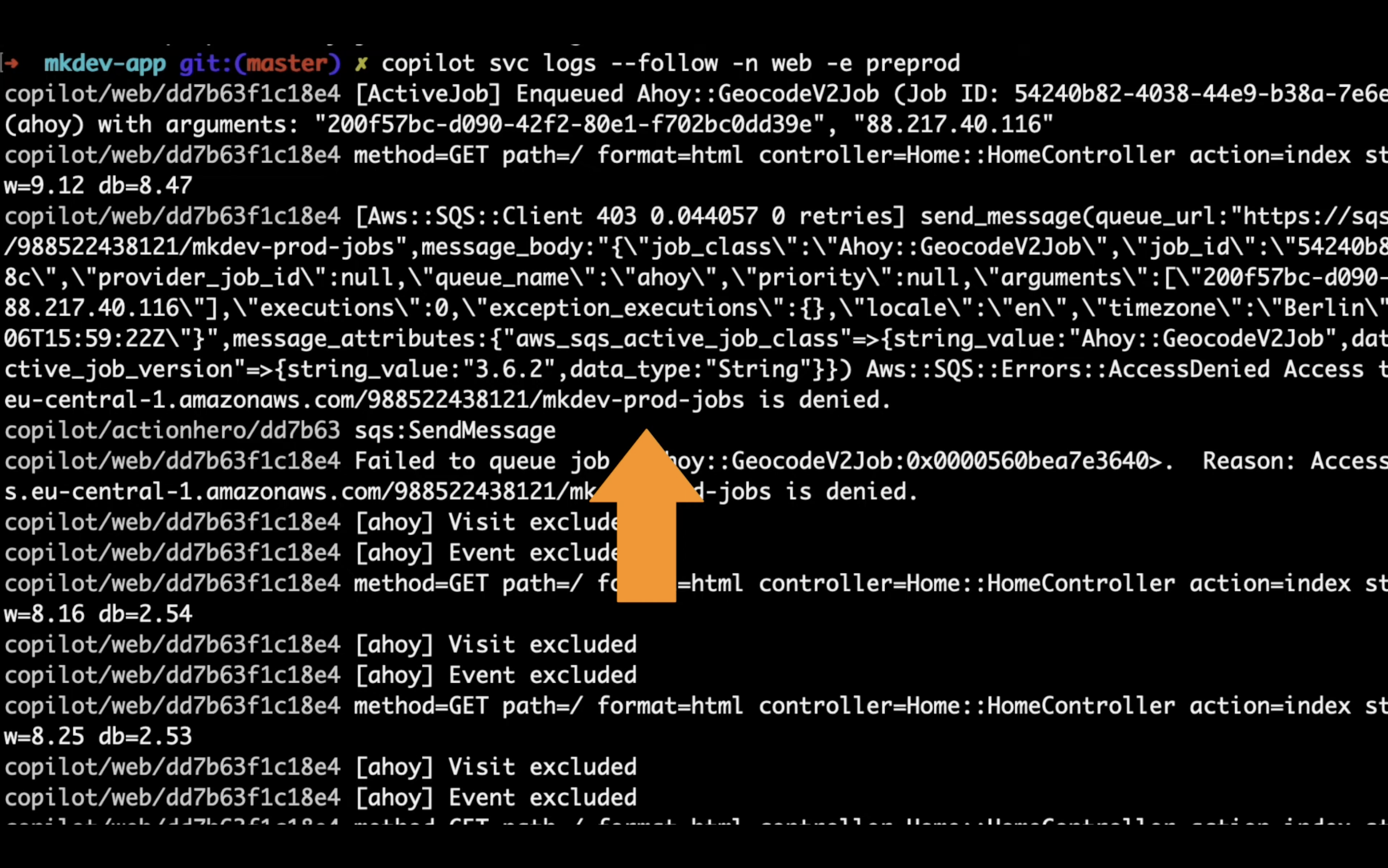 Screenshot of a computer terminal displaying error logs and command lines, with a 'master' branch indication, various service URLs, and an Access Denied error message for an AWS SQS action.