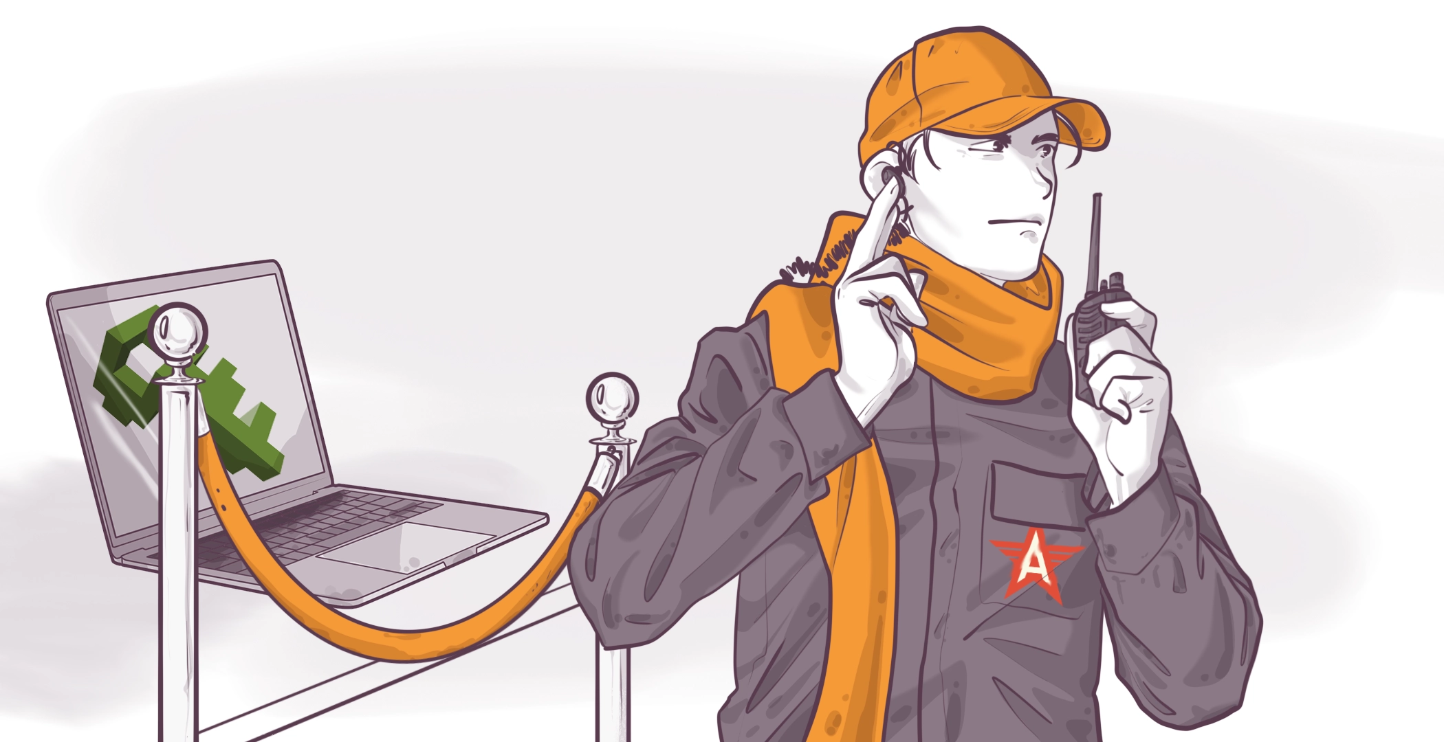 Man in orange hat and scarf holding walkie-talkie with a laptop showing a growth chart in the background. He appears to be in a professional setting.