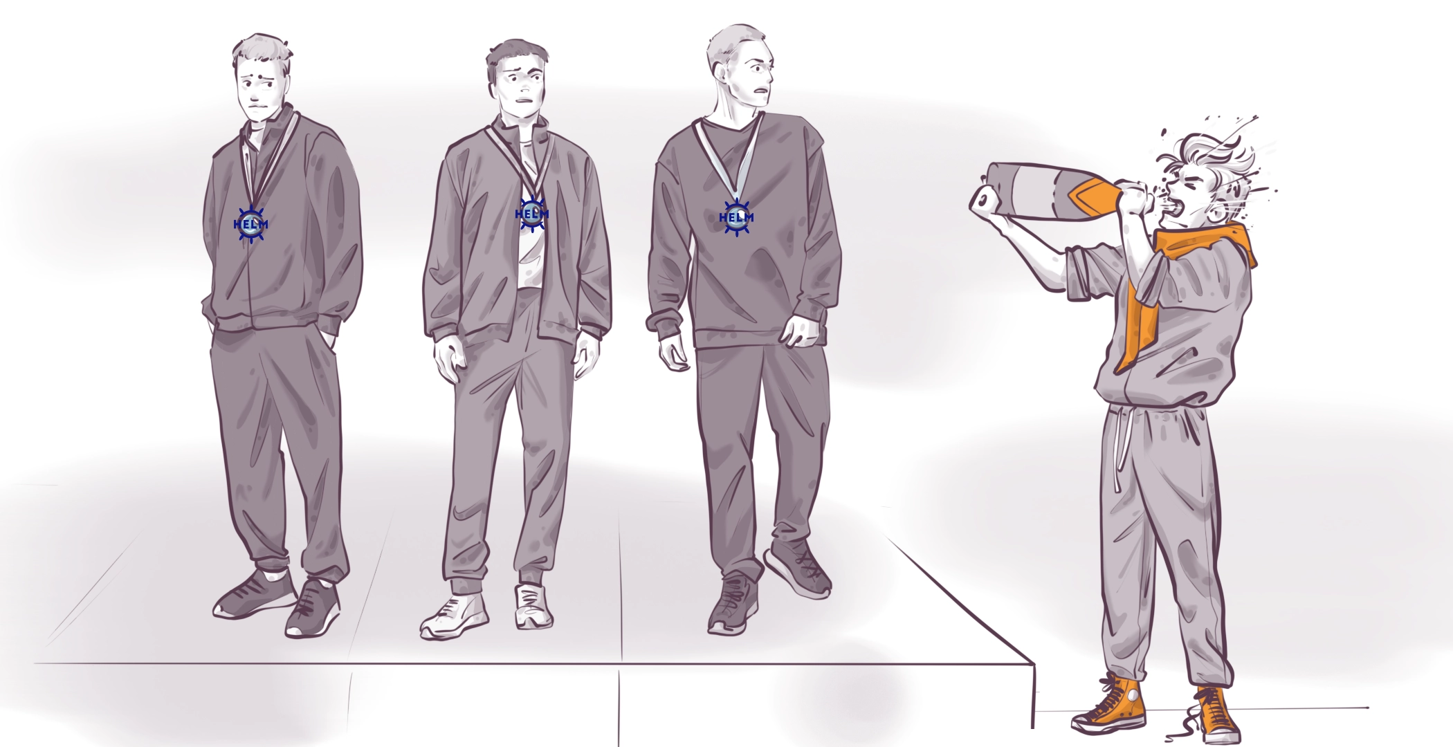 Illustration of three men in grey tracksuits with blue "HELP" badges standing in a line and a fourth man in a grey and orange outfit joyfully drinking from a large bottle.