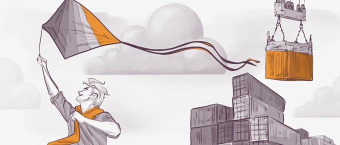 Illustration of a person flying an orange and gray kite, with large shipping containers stacked beside them and one container being lifted by a crane. The background features clouds.