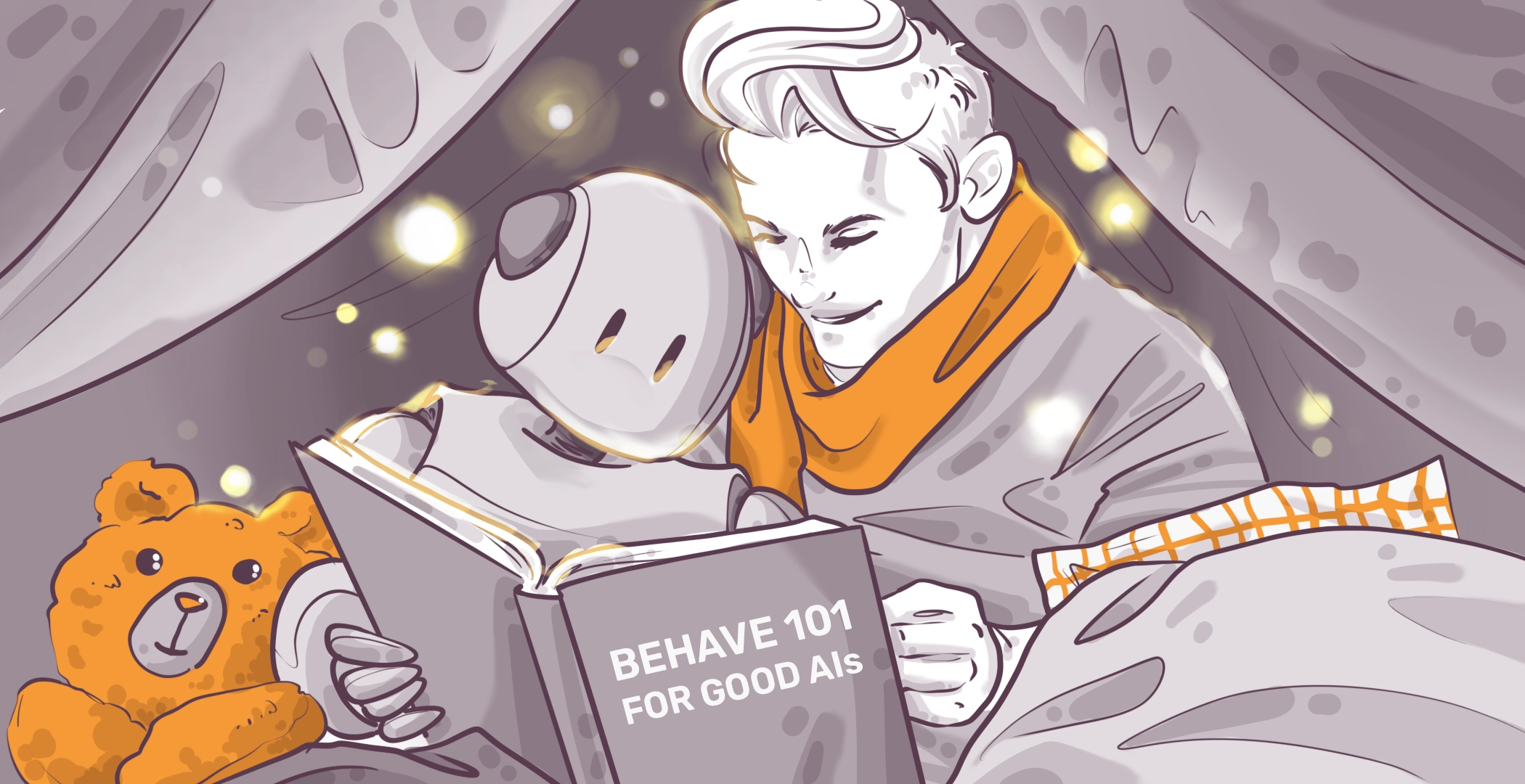 A robot and a person with an orange scarf sit under a cozy blanket, reading a book titled "Behave 101 for Good AIs." A teddy bear is beside them, and glowing lights create a warm atmosphere.