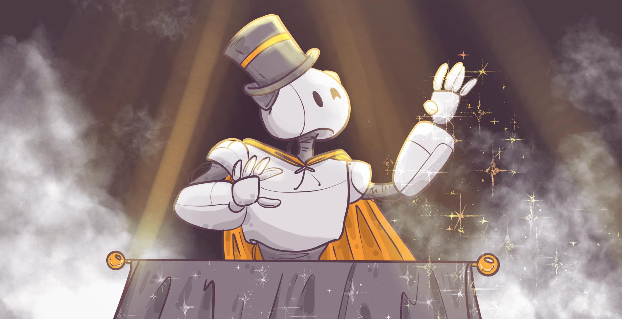 A robotic figure in a top hat and cape stands dramatically on stage. Spotlights and mist surround it, creating a magical effect with sparkling stars in the air.