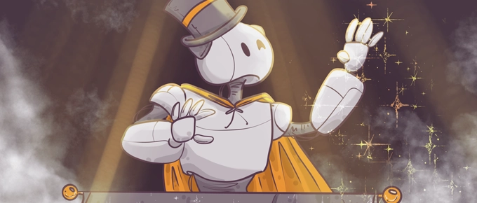 A cartoon robot in a top hat and orange cape strikes a dramatic pose on stage, surrounded by sparkling lights and smoke, evoking a magical or theatrical atmosphere.