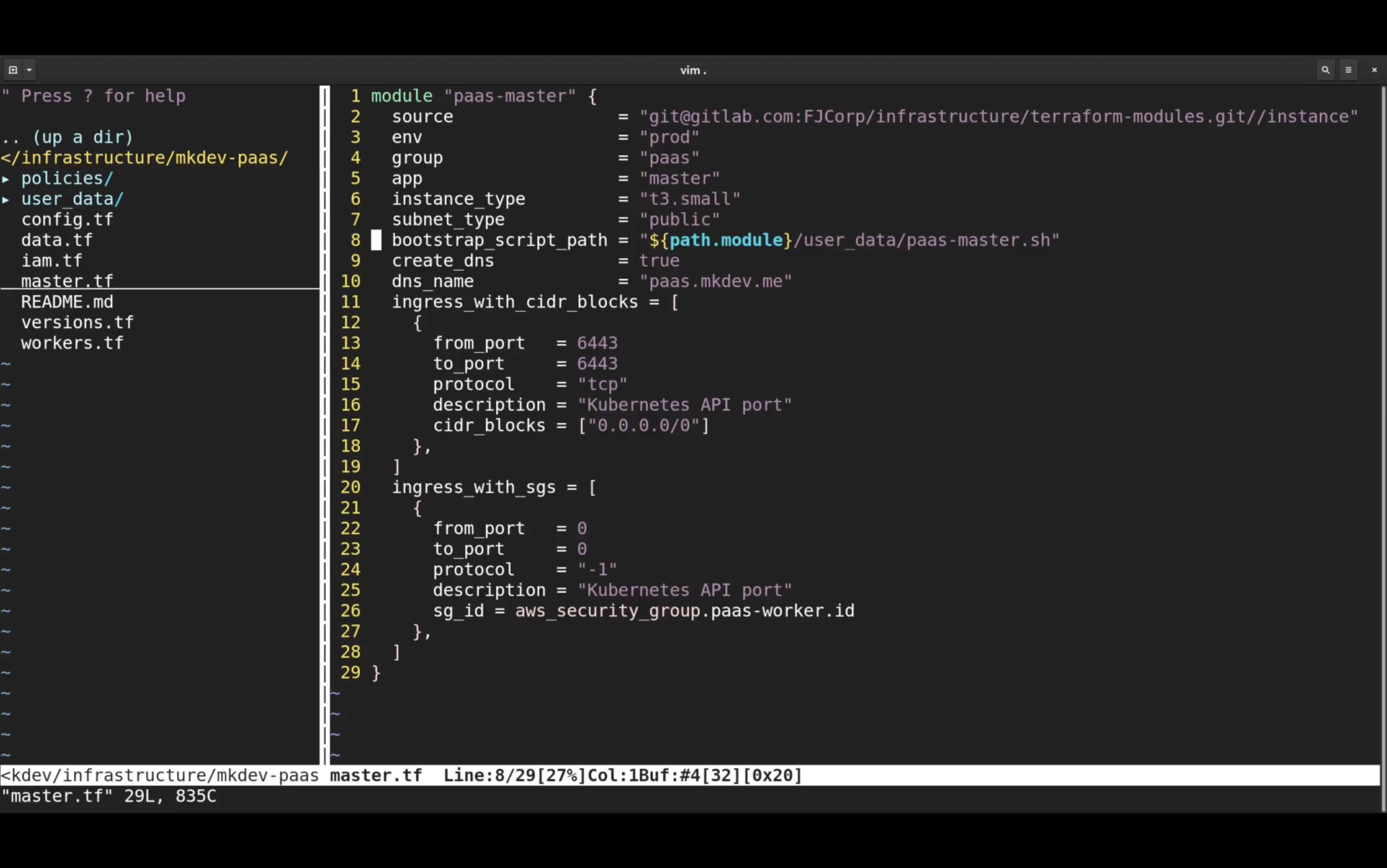 Vim text editor displaying a Terraform script with parameters for a "paas-master" module. The left panel shows a directory structure with files like config.tf and master.tf. The right panel details settings such as instance type and ingress rules.