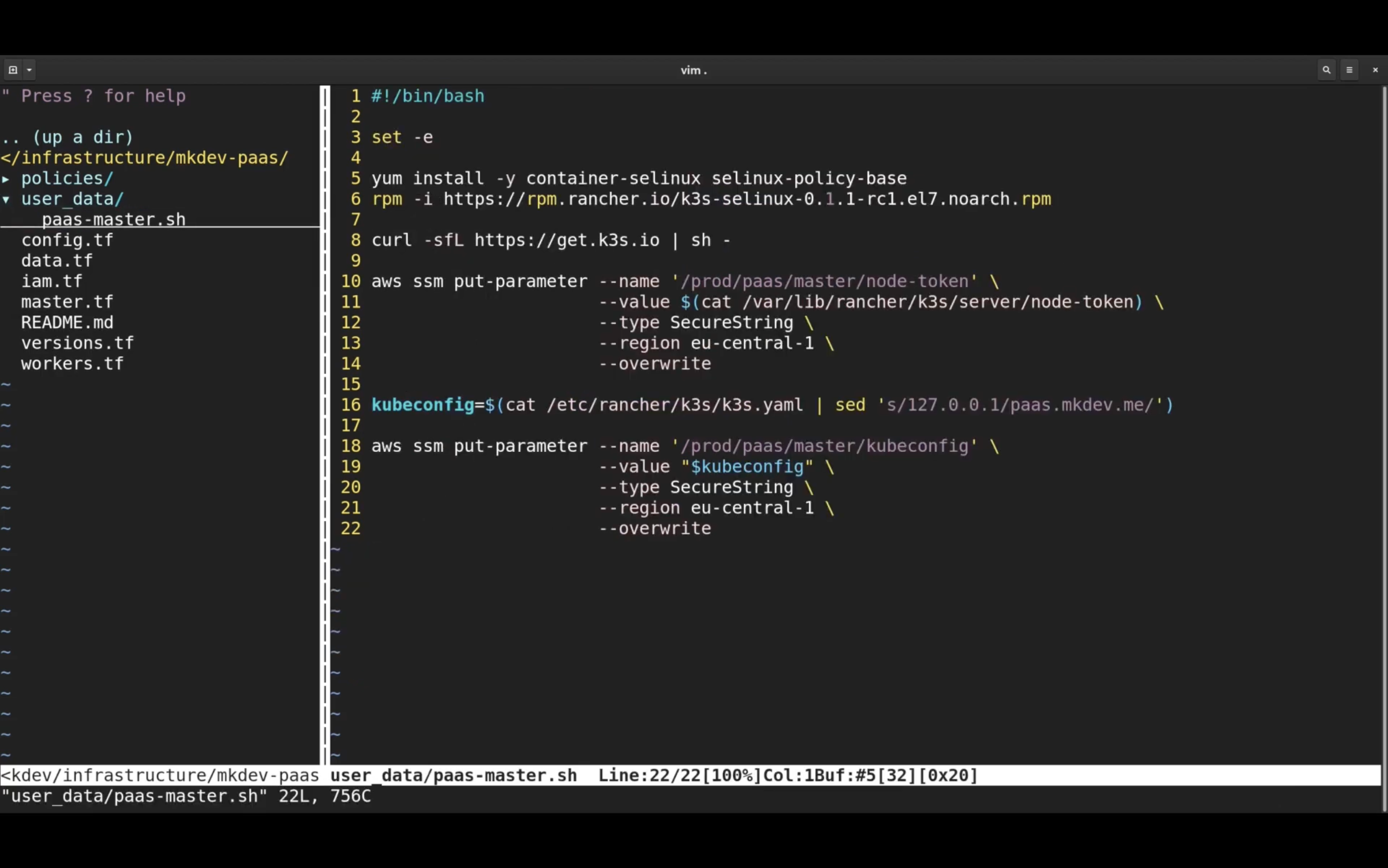 A terminal split-screen in Vim editor. The left pane shows a file tree with "paas-master.sh" highlighted. The right pane displays a bash script involving package installations, AWS SSM parameter storage, and configuration updates. The status bar indicates the active file is "user_data/paas-master.sh."