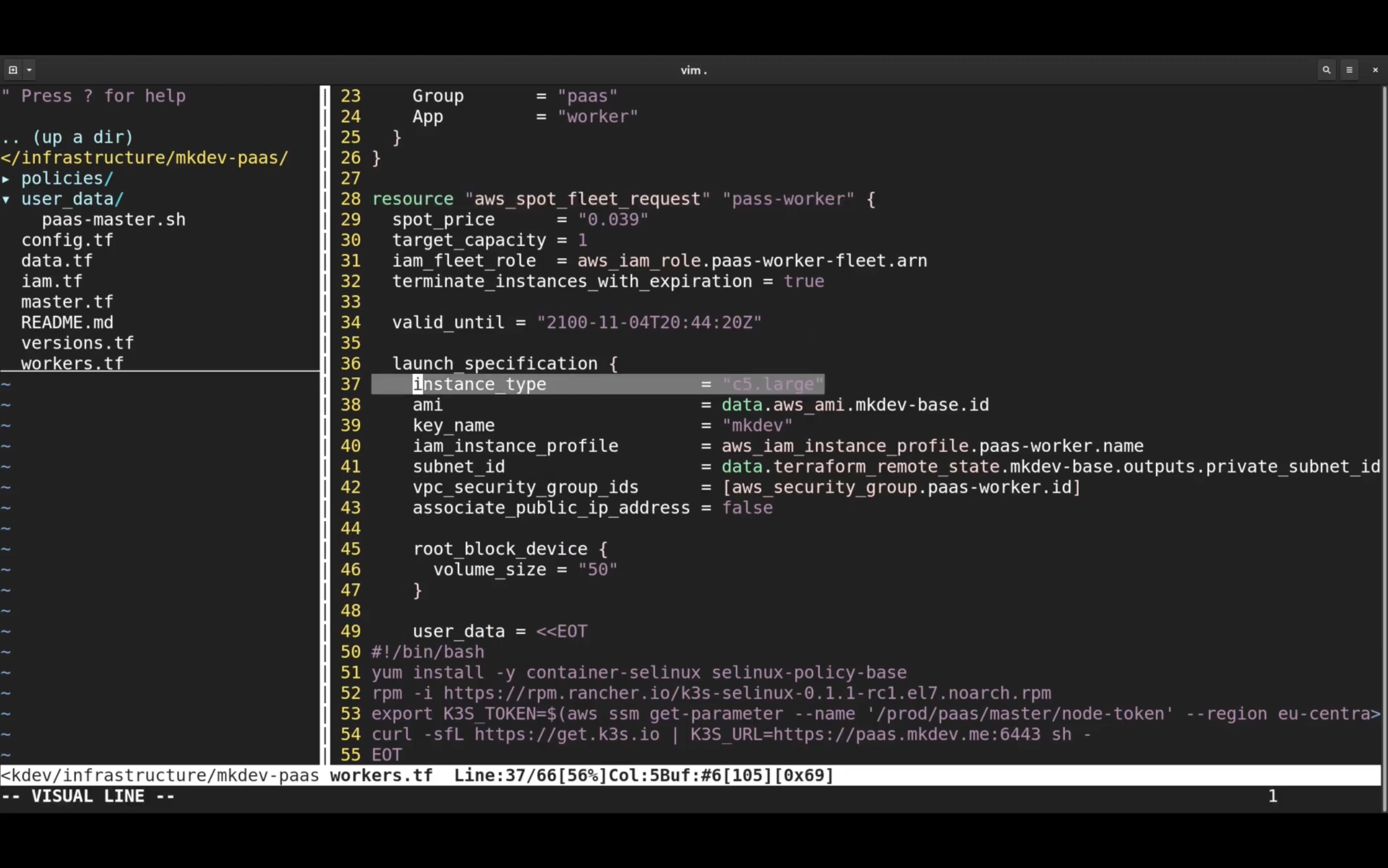 Vim editor displaying Terraform configuration file with AWS spot fleet request details. The left pane shows a file directory, and the right pane shows the code including parameters like instance type, ami, key name, and user data script.