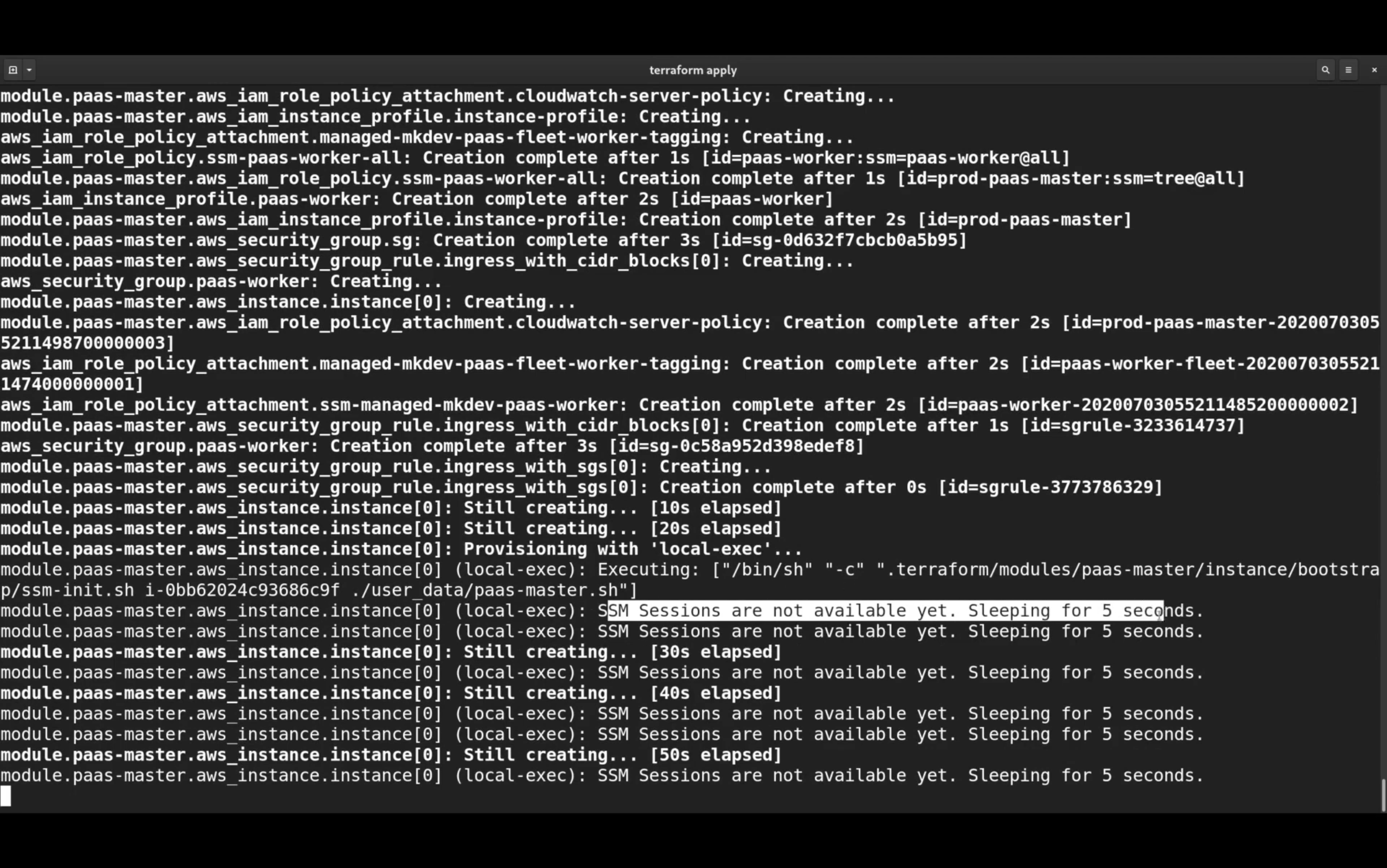 Terminal screenshot showing Terraform applying infrastructure with AWS modules. Various components like IAM roles, security groups, and EC2 instances are being created and provisioned. SSM Sessions indicate they are not available, prompting retries with 5-second intervals.