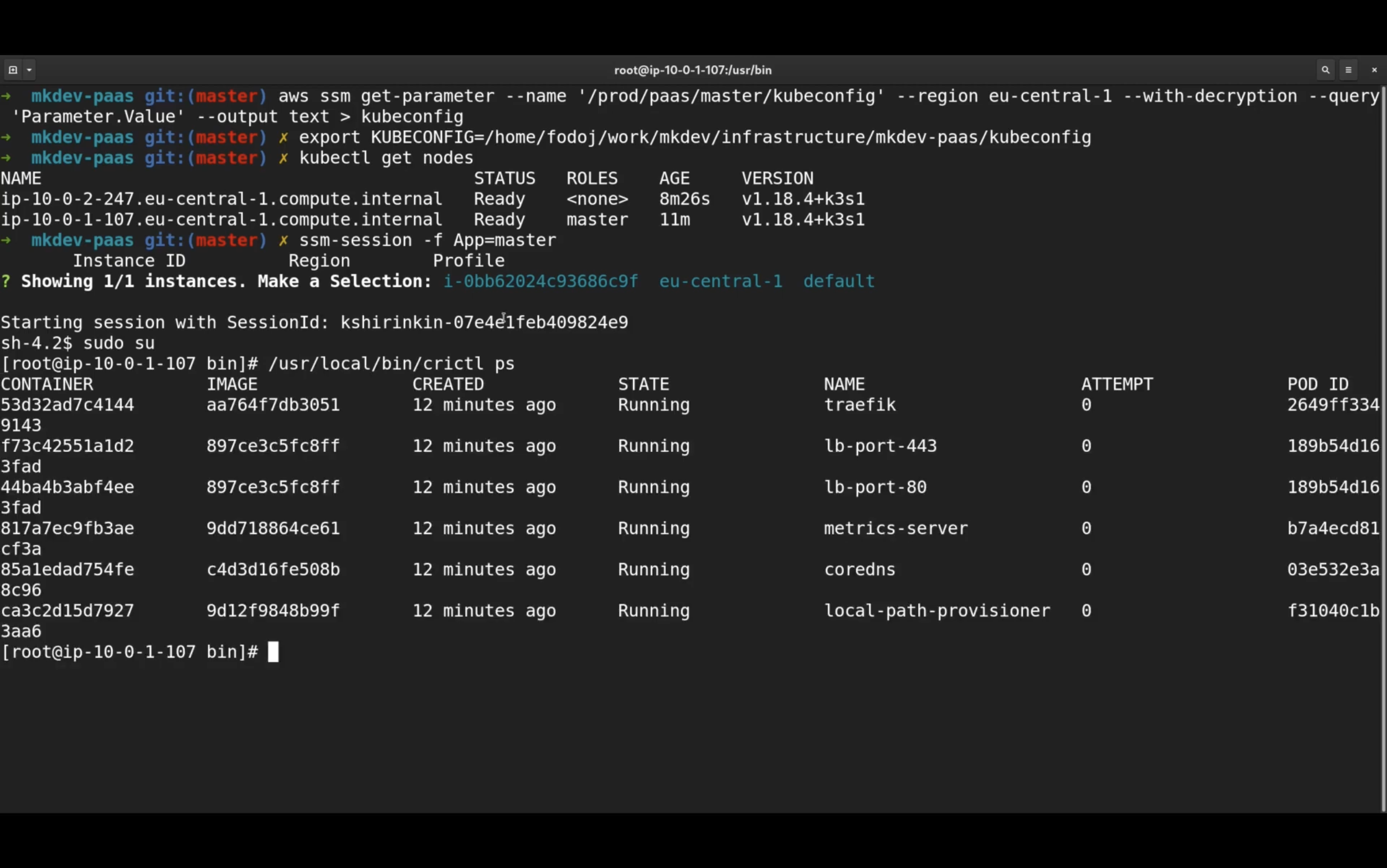 Terminal screenshot showing AWS and Kubernetes commands. It lists nodes, instance ID, region, containers, container images, creation time, state, names, attempts, and pod IDs.